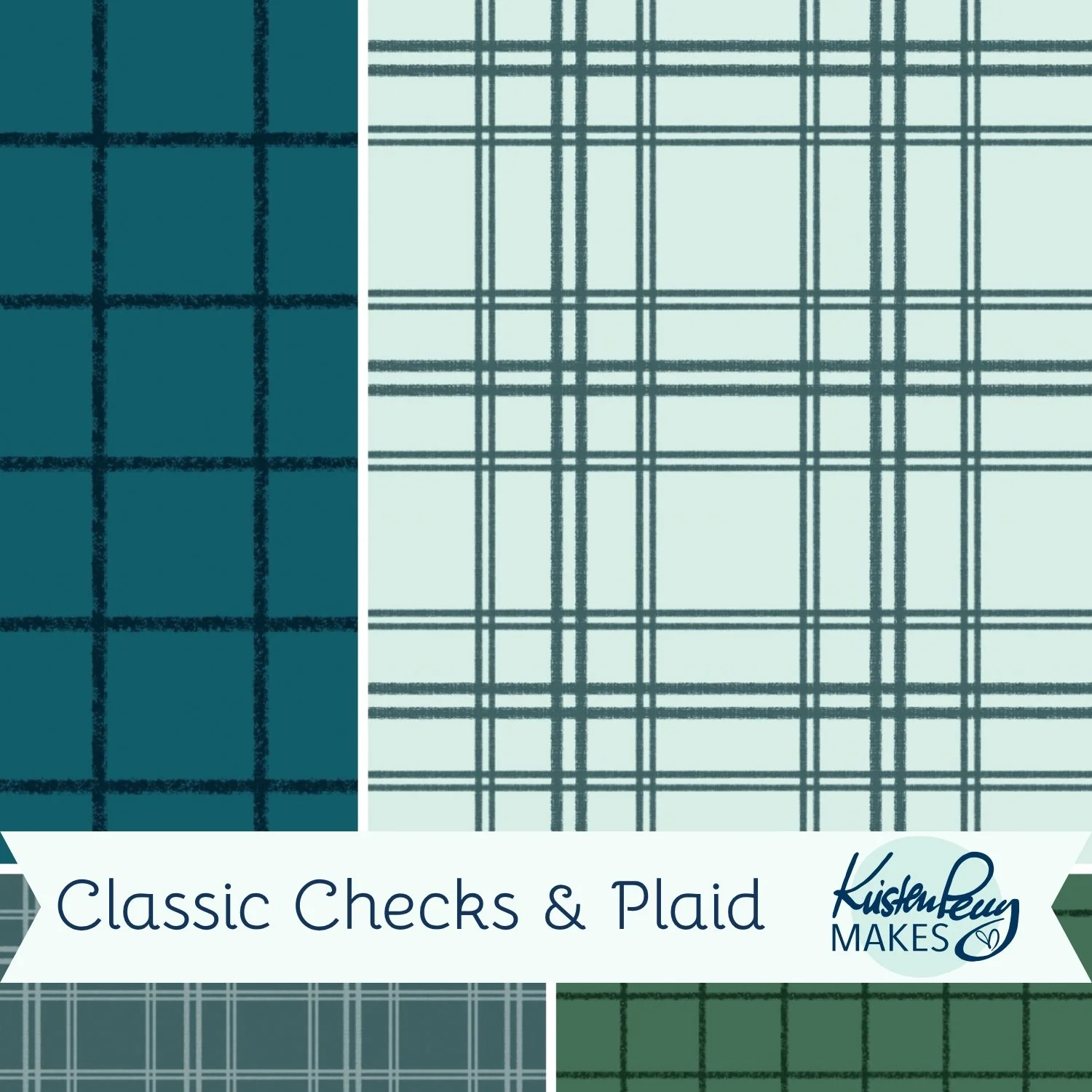 A cover design for a pattern collection titled "Classic Checks & Plaid" featuring various checkered and plaid patterns in shades of green, teal, and cream, with the brand name "Kristen Perry makes" included.