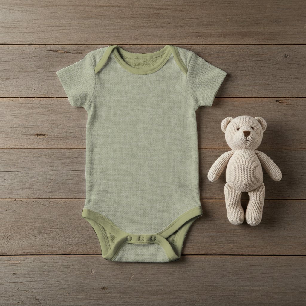 A baby onesie with a tone-on-tone mid-century modern line pattern in pale green, and a knitted cream-colored teddy bear on a wooden surface.