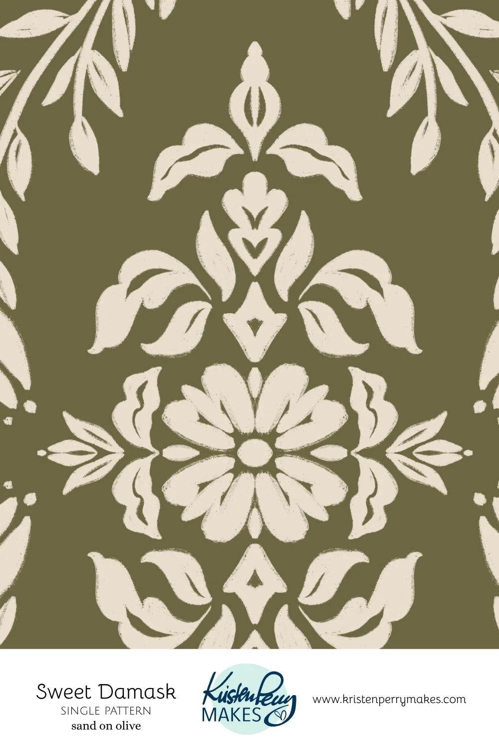 A floral pattern with beige flowers and leaves on an olive green background.