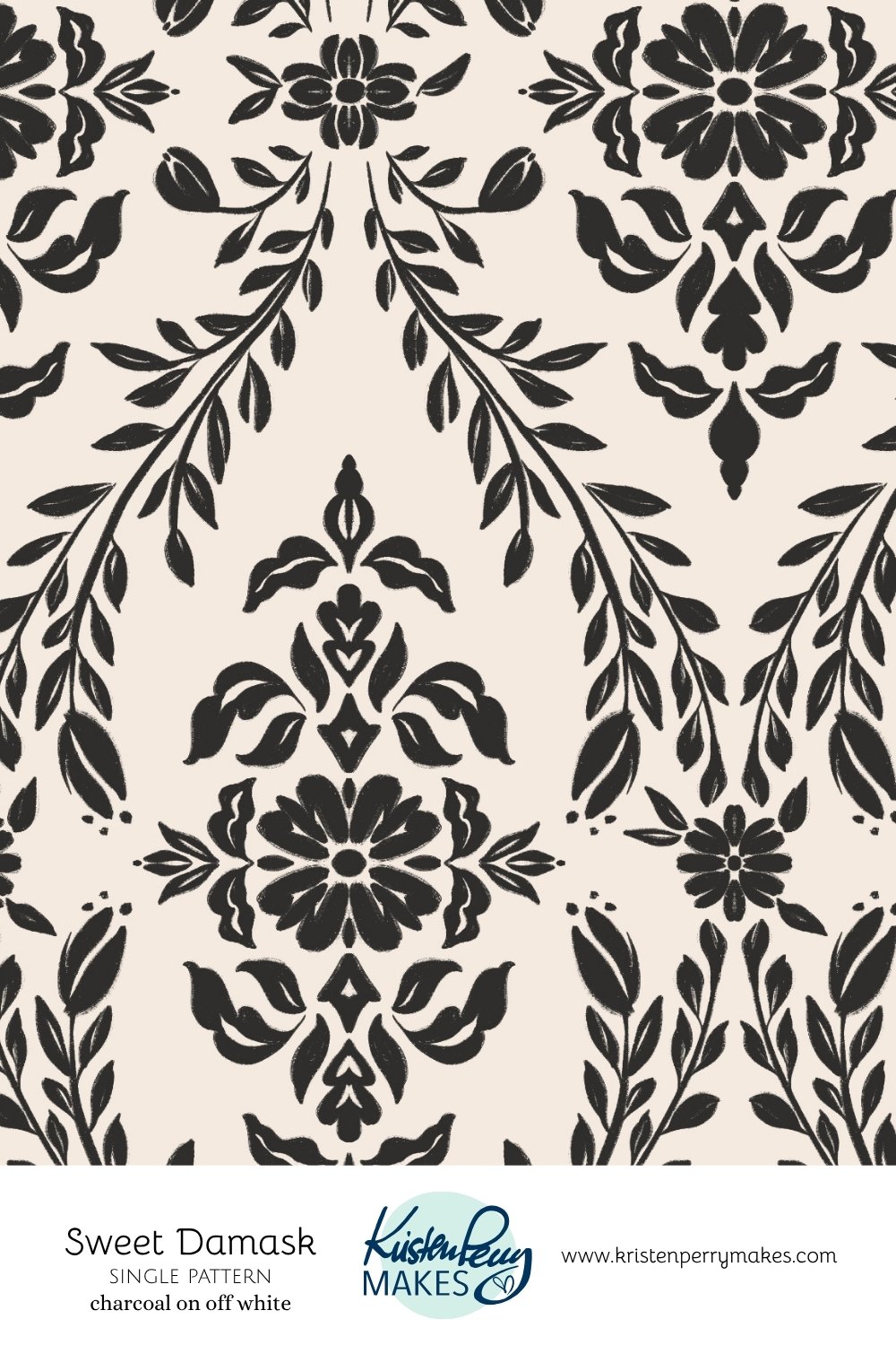 Black floral damask pattern on off-white background.
