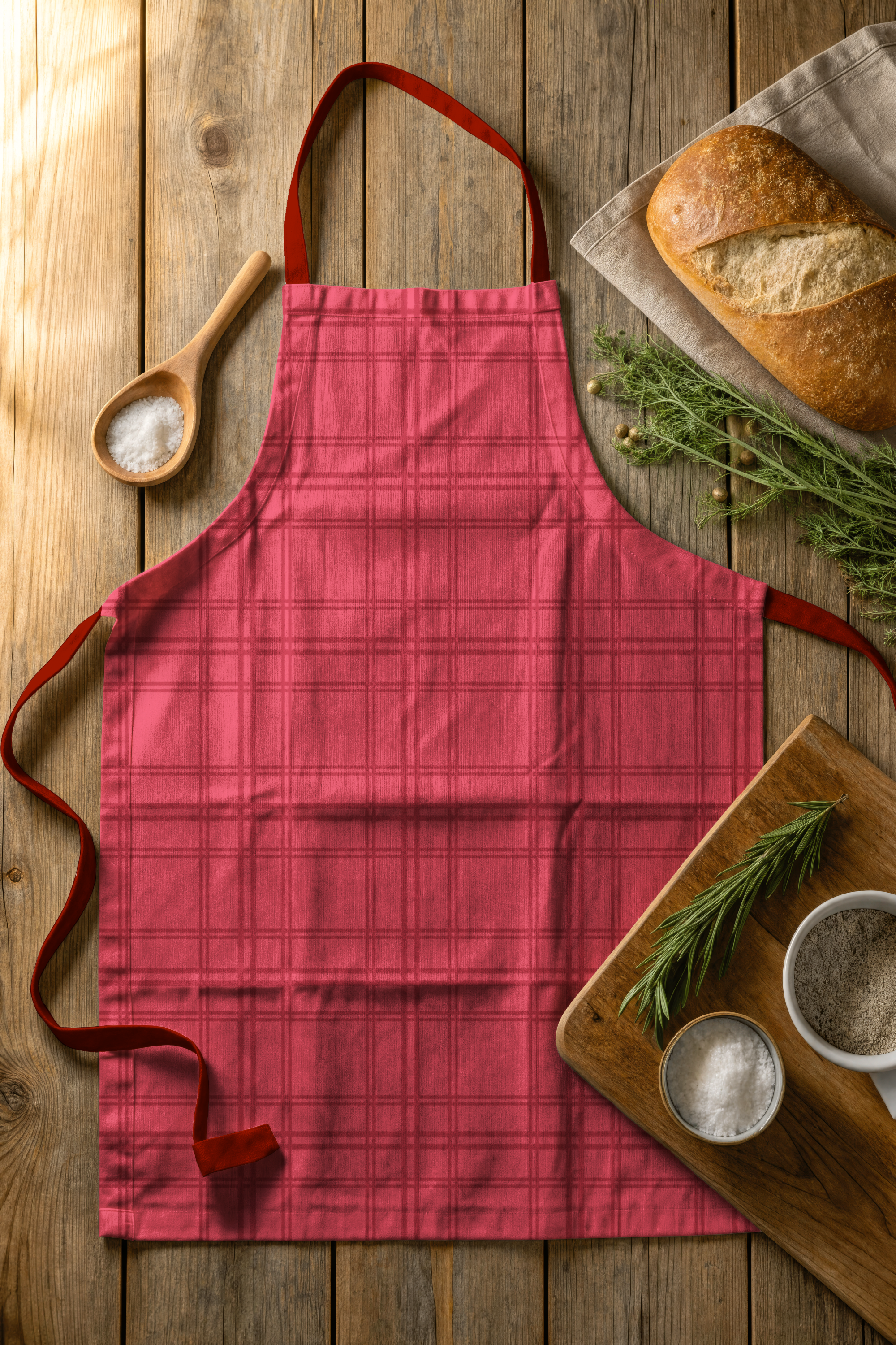 A red plaid apron lying on a wooden surface, surrounded by a wooden spoon with salt, a loaf of bread, sprigs of herbs, and bowls of spices or salt.