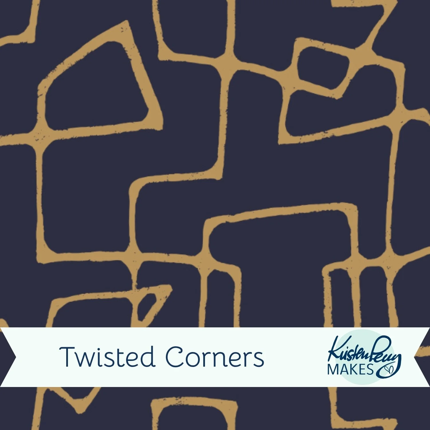 A cover design for a pattern collection titled "Twisted Corners" featuring a mid-century modern line drawing in gold on an indigo blue background, with the brand name "Kristen Perry makes" included.