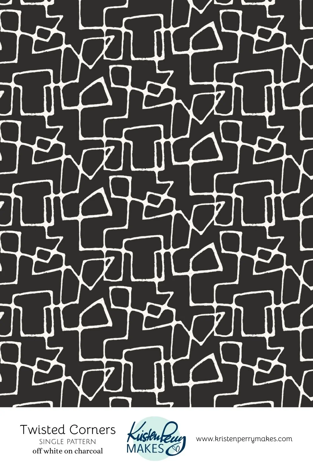 Black fabric with a white abstract geometric pattern of overlapping squares and irregular shapes.