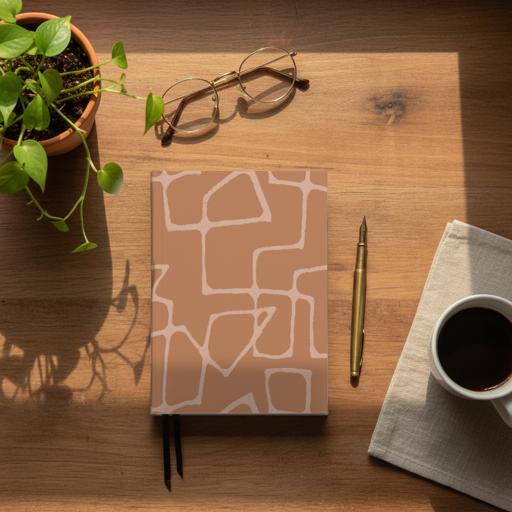 Desk with a potted plant, reading glasses, a fountain pen, and a cup of coffee on a napkin with sunlight and shadows, featuring a writing journal with a mid-century modern line pattern called "Twisted Corners," by Kristen Perry makes.