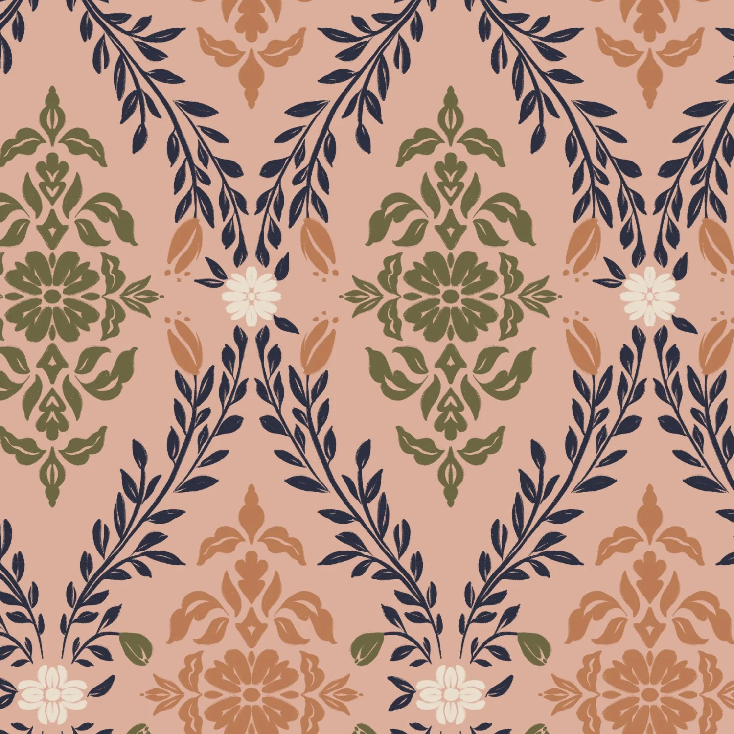 A decorative damask pattern with floral and leaf motifs in shades of olive green, terracotta, navy blue, and cream on a pinkish background.