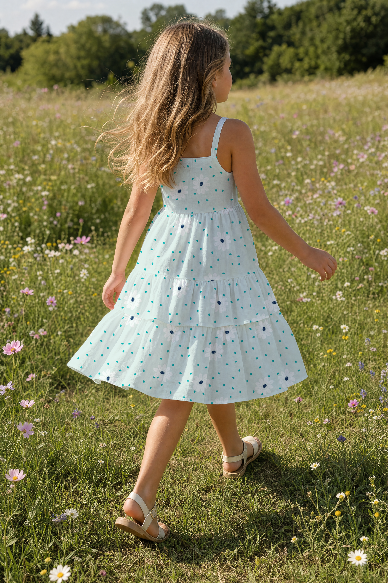A girl in a white dress with mint and white floral and dot pattern walking through a meadow filled with small wildflowers, with trees in the background.
