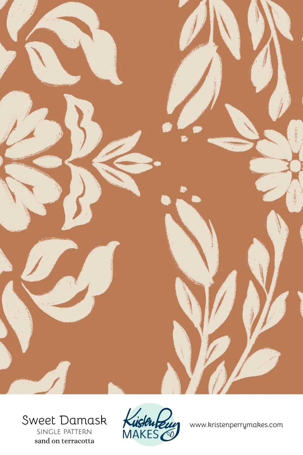Pattern of white floral and leaf motifs on a terracotta background.