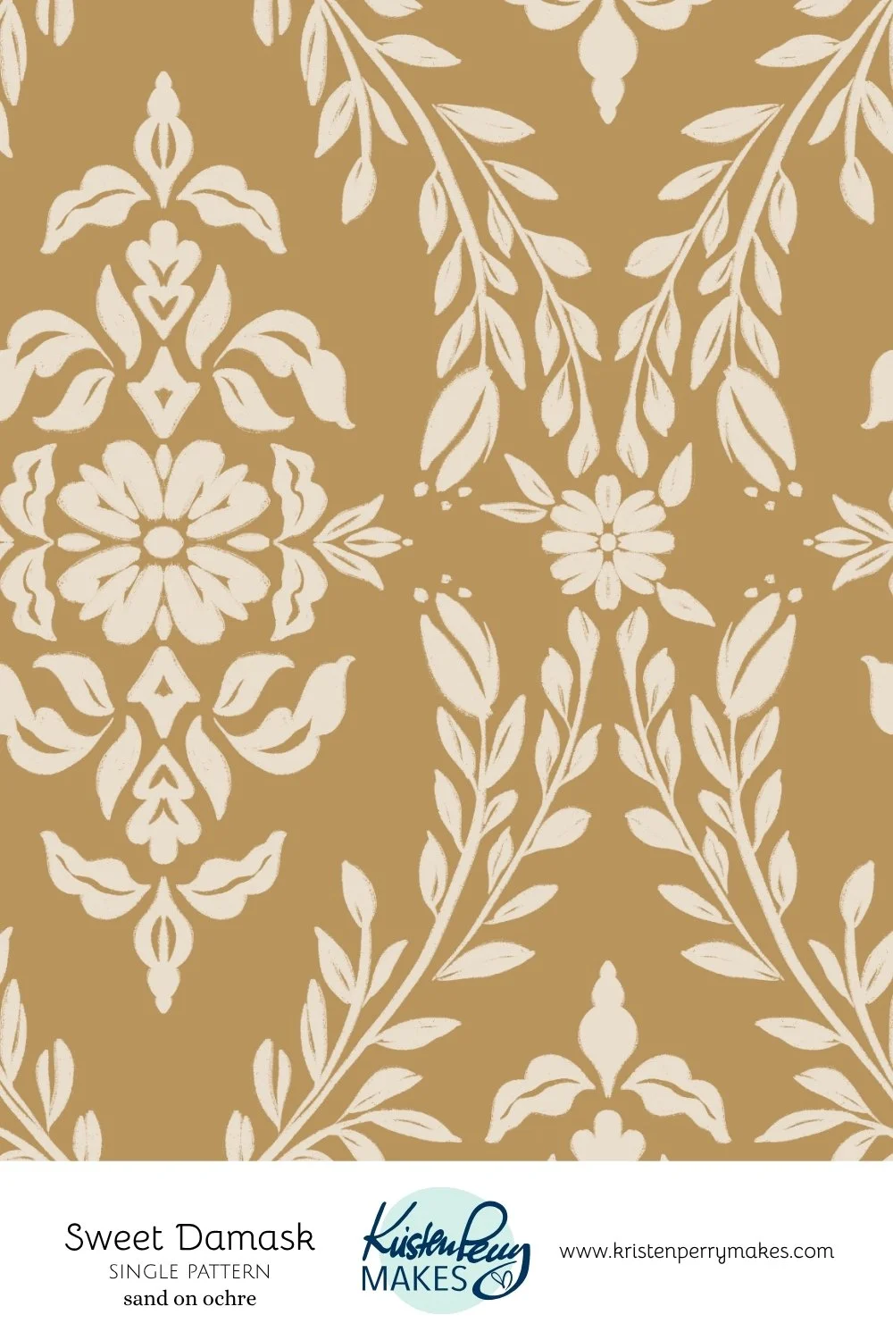 Pattern with white floral and leaf motifs on a sand-colored background.