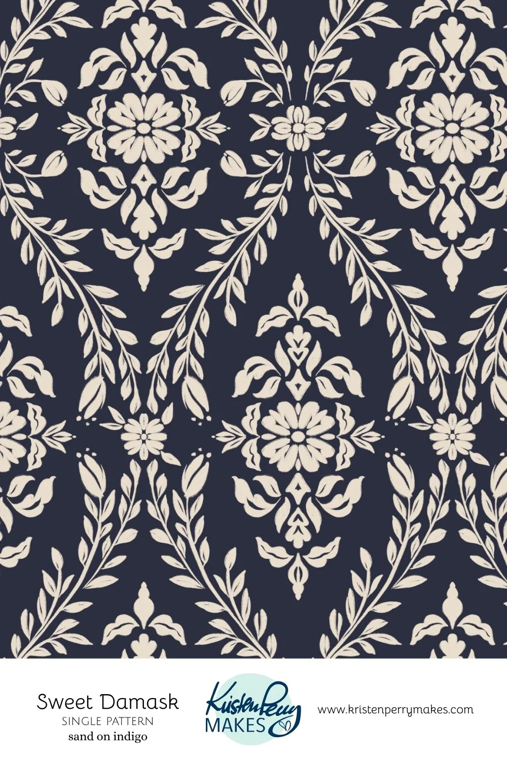 A navy blue background with an intricate white floral and leaf pattern.