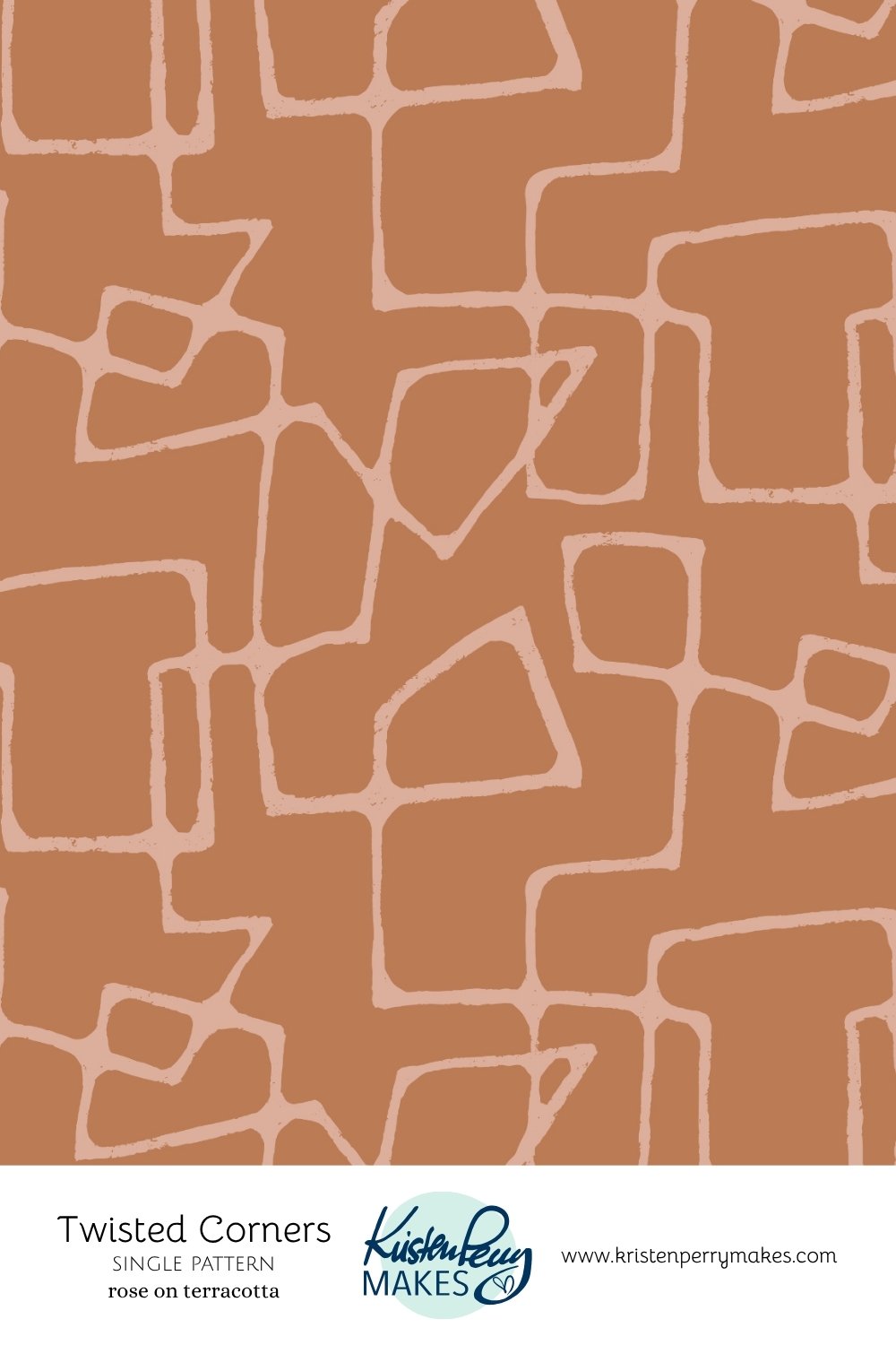 Pattern of irregular pink shapes on a terracotta background, called Twisted Corners, by Kristen Perry Makes.