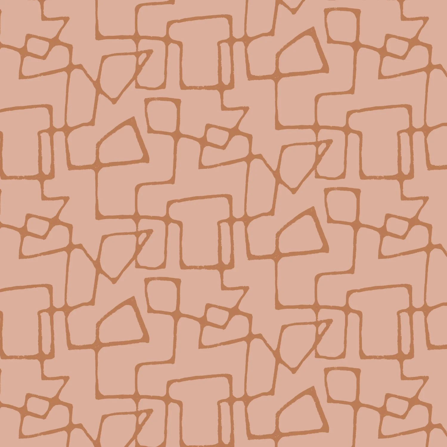 A mid-century modern abstract pattern of irregular, interconnected lines in terracotta on a rose pink background.
