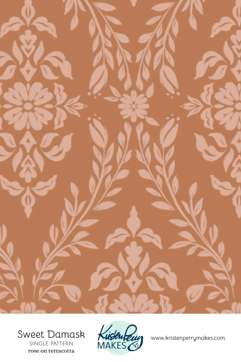 A patterned design titled 'Sweet Damask' with a rose on terracotta background featuring floral and leaf motifs.