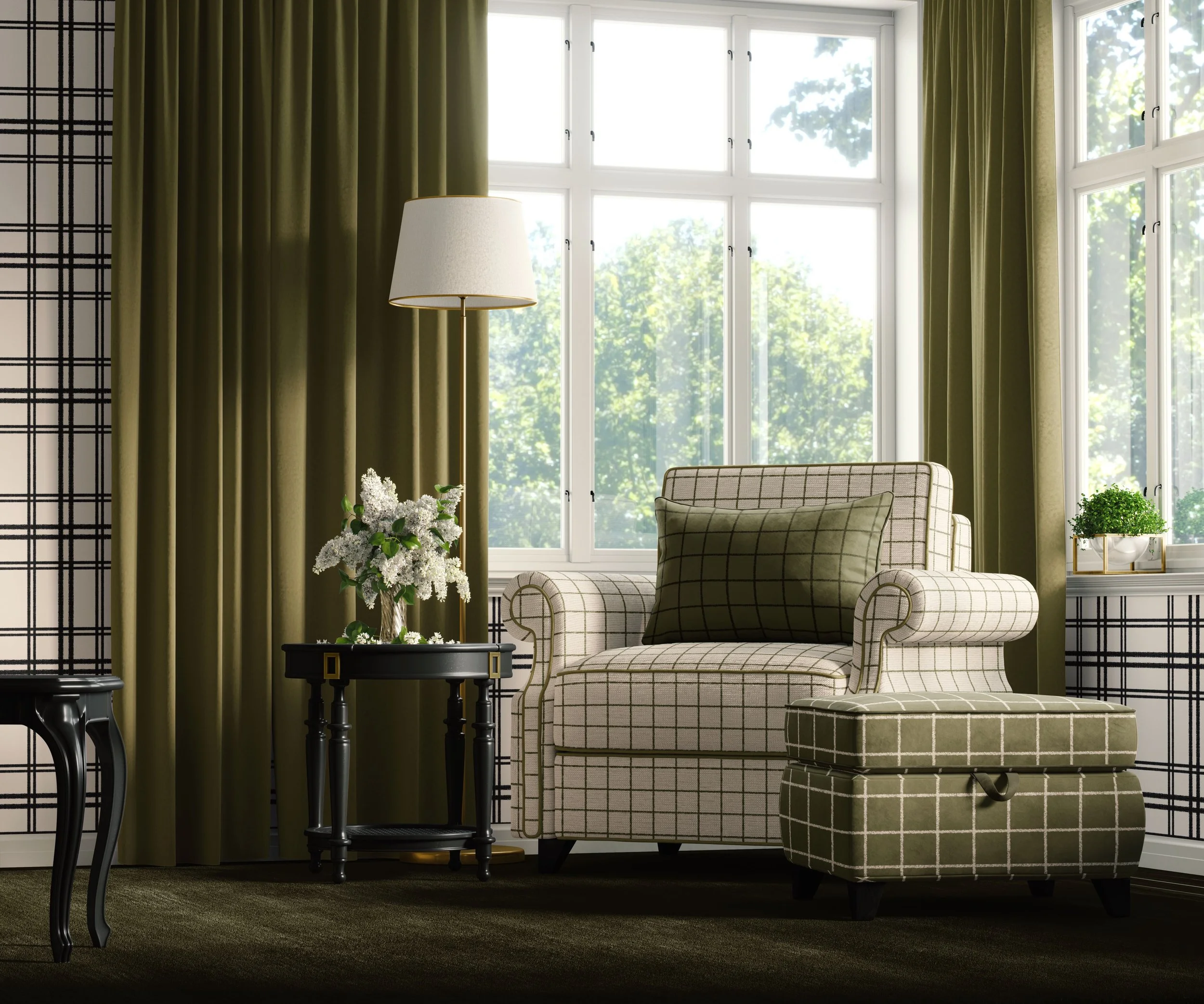 Interior of a living room with olive green curtains, a window with daylight, a side table and lamp, featuring wallpaper with black plaid on a white background, and an armchair and ottoman with olive and off-white windowpane plaid fabric.