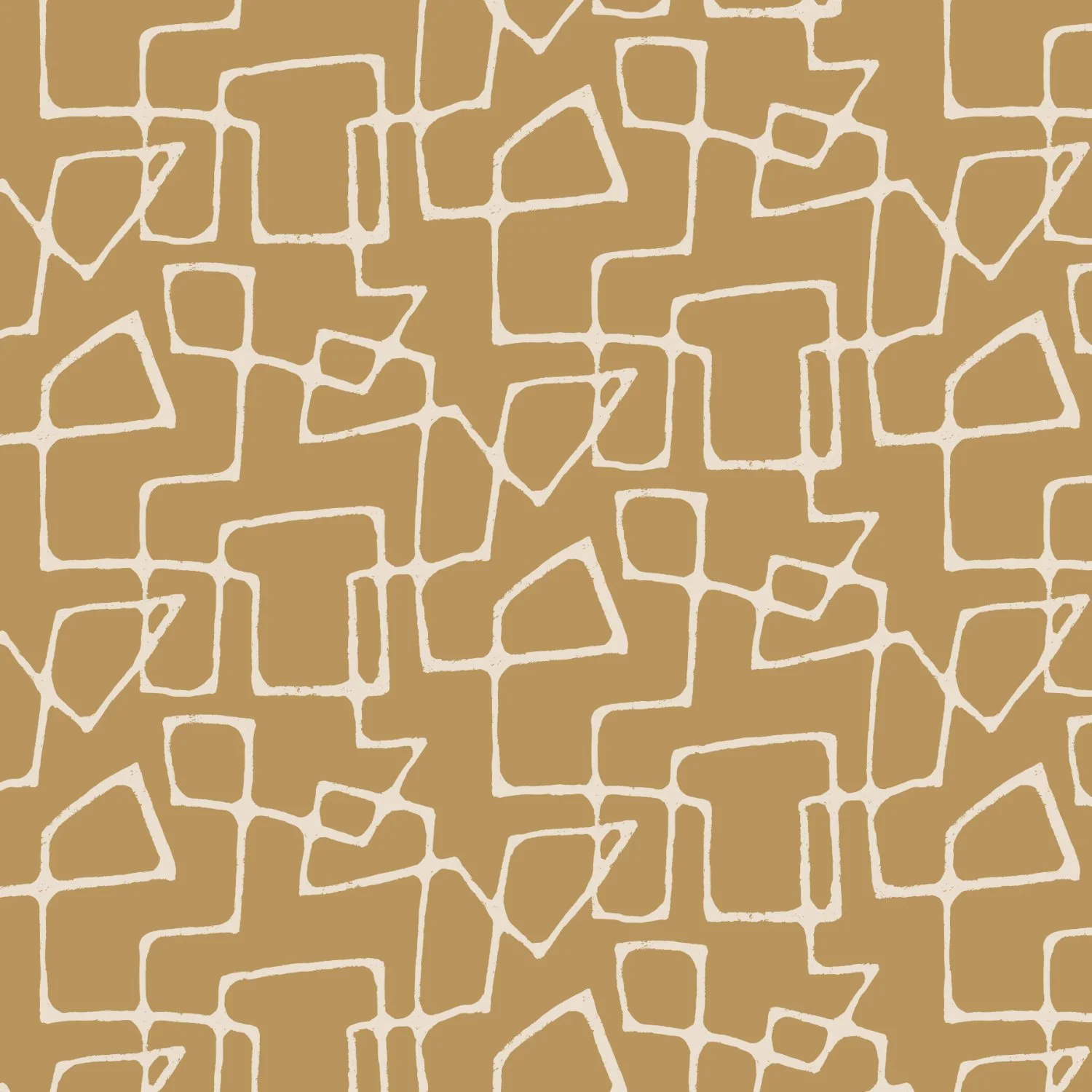 A repeating pattern of irregular off-white lines on a yellow ochre background, forming abstract geometric shapes in a mid-century modern style.
