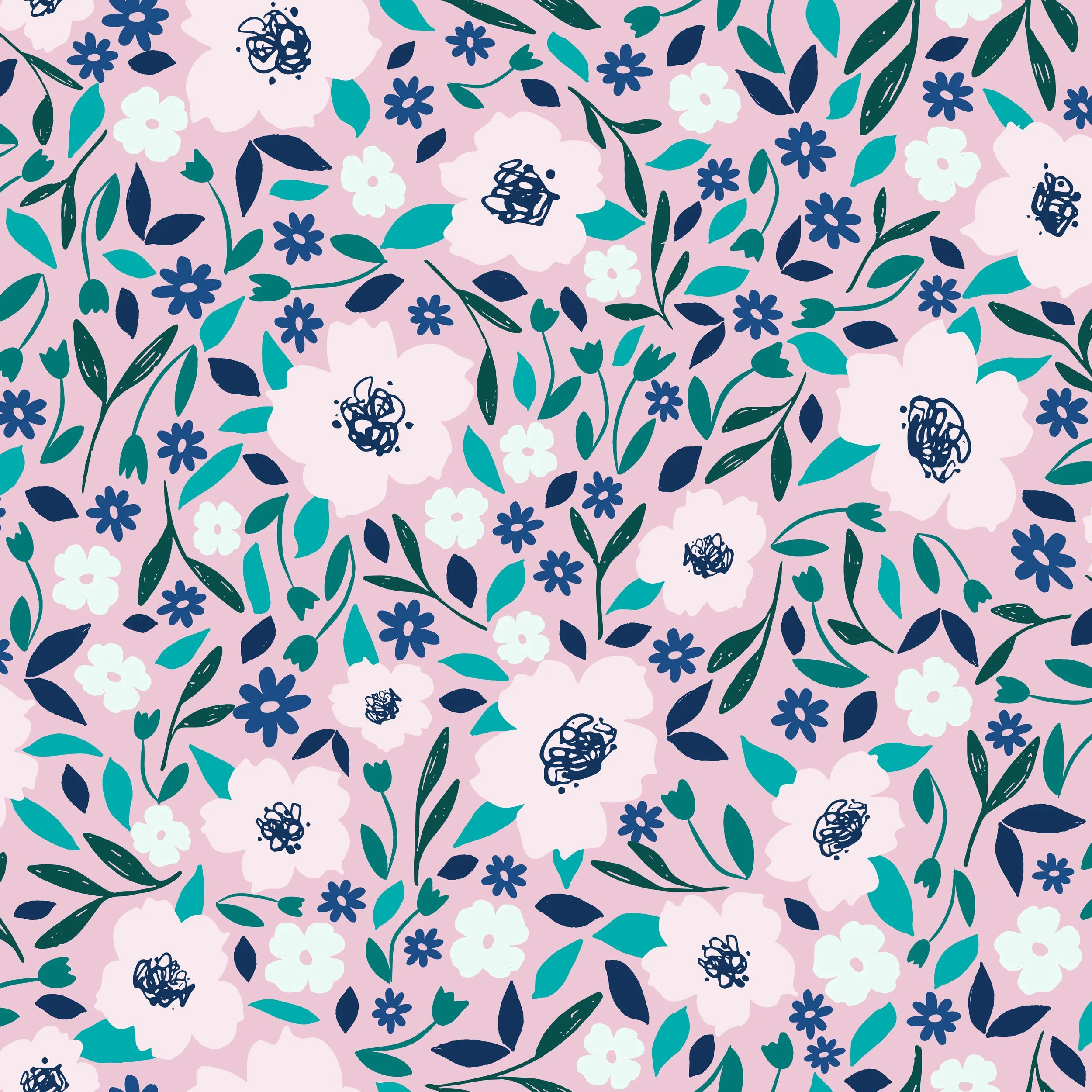 A floral pattern with white, blue, and purple flowers on a light pink background.
