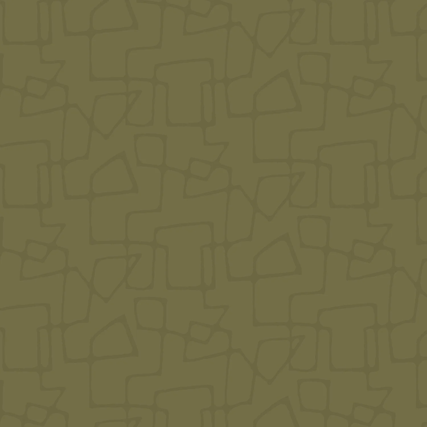 A repeated mid-century modern abstract line pattern in a tone-on-tone olive green color.