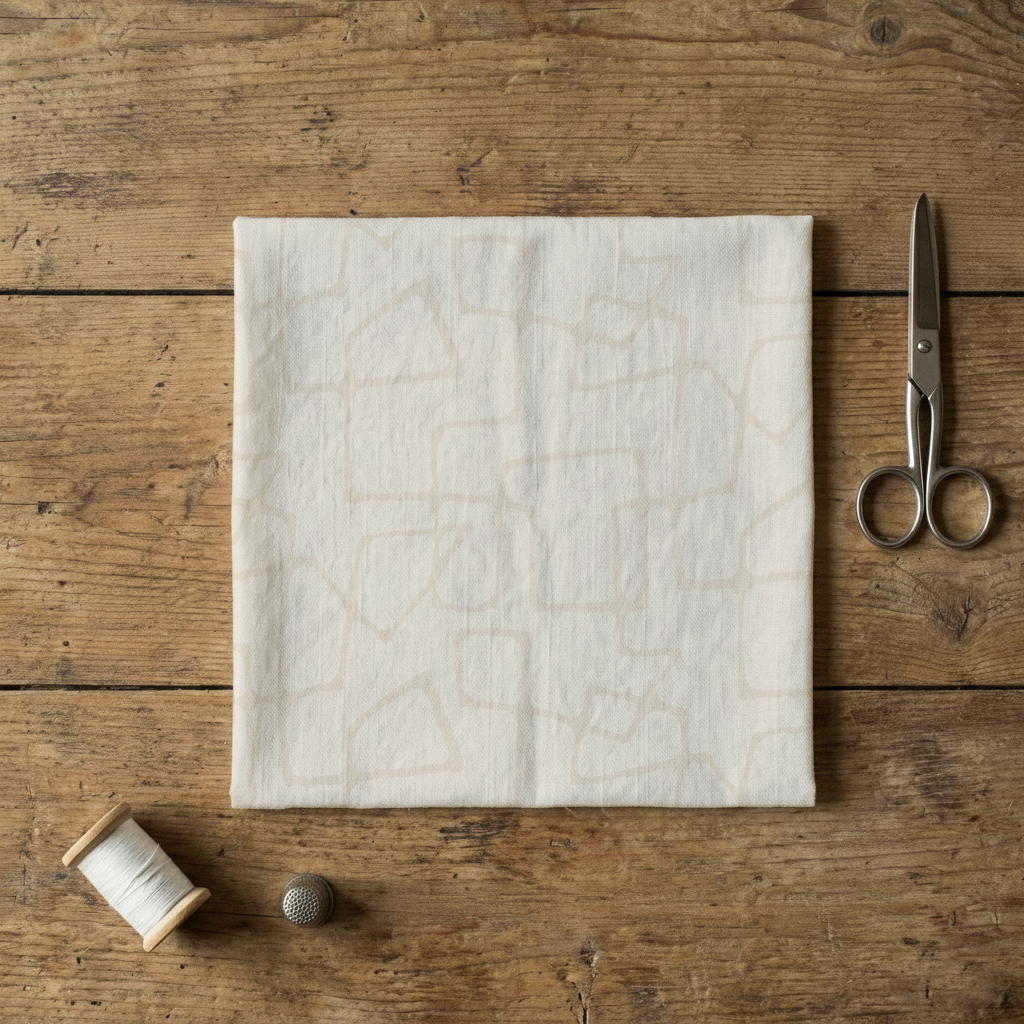A folded white cloth with a subtle tone-on-tone mid-century modern line pattern, a pair of small scissors, a wooden spool of white thread, and a thimble on a wooden surface.