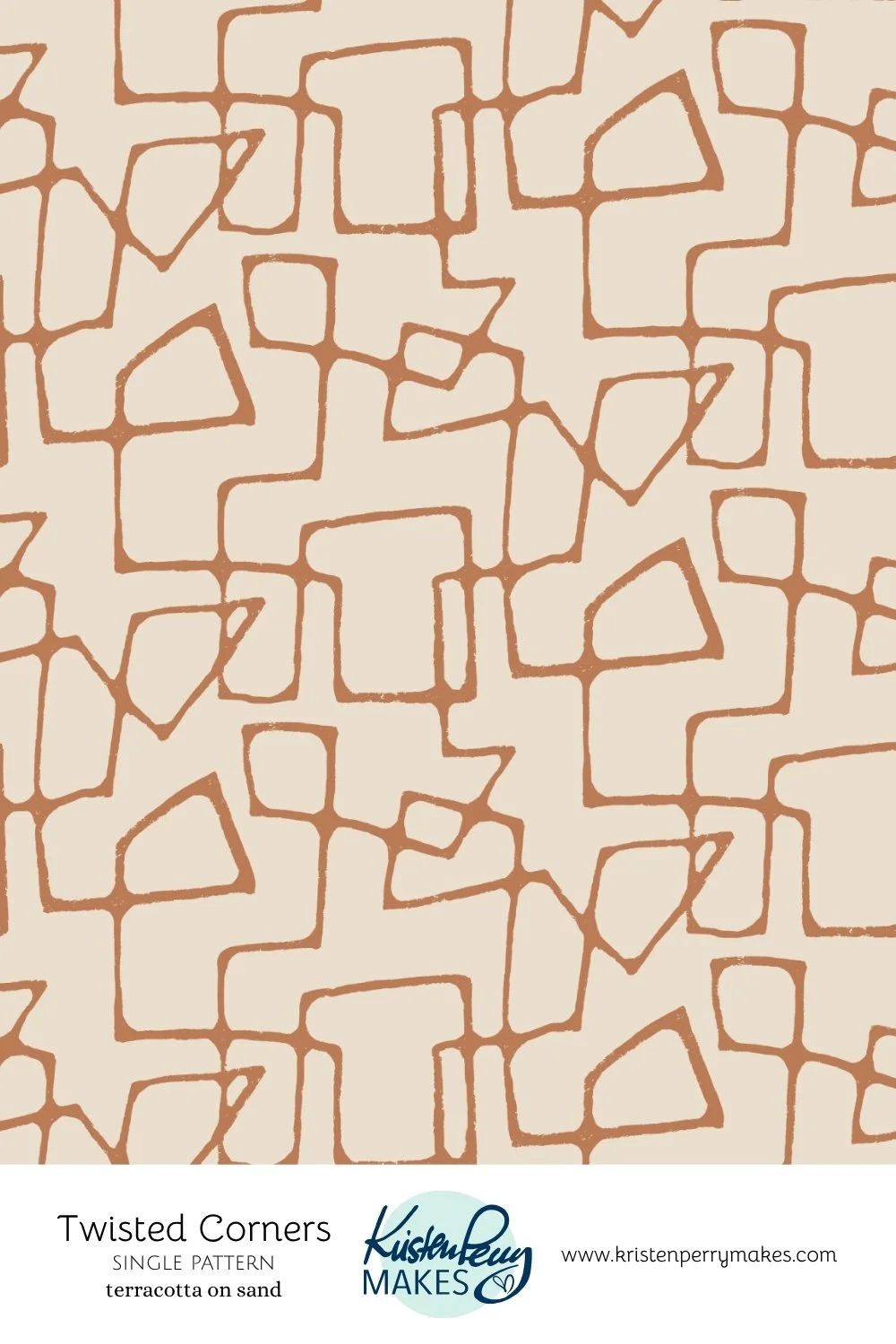 A beige fabric featuring an abstract pattern of irregular, angular, terracotta-colored lines forming twisted corners.