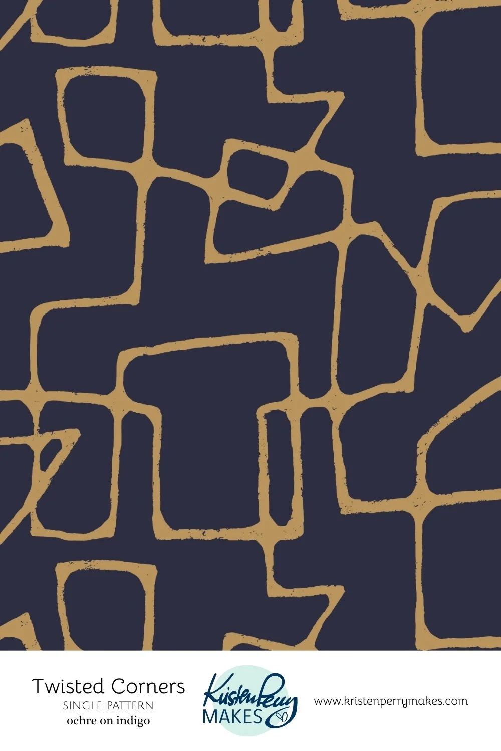 A fabric pattern with irregular, interconnected square and rectangular shapes in ochre on an indigo background.