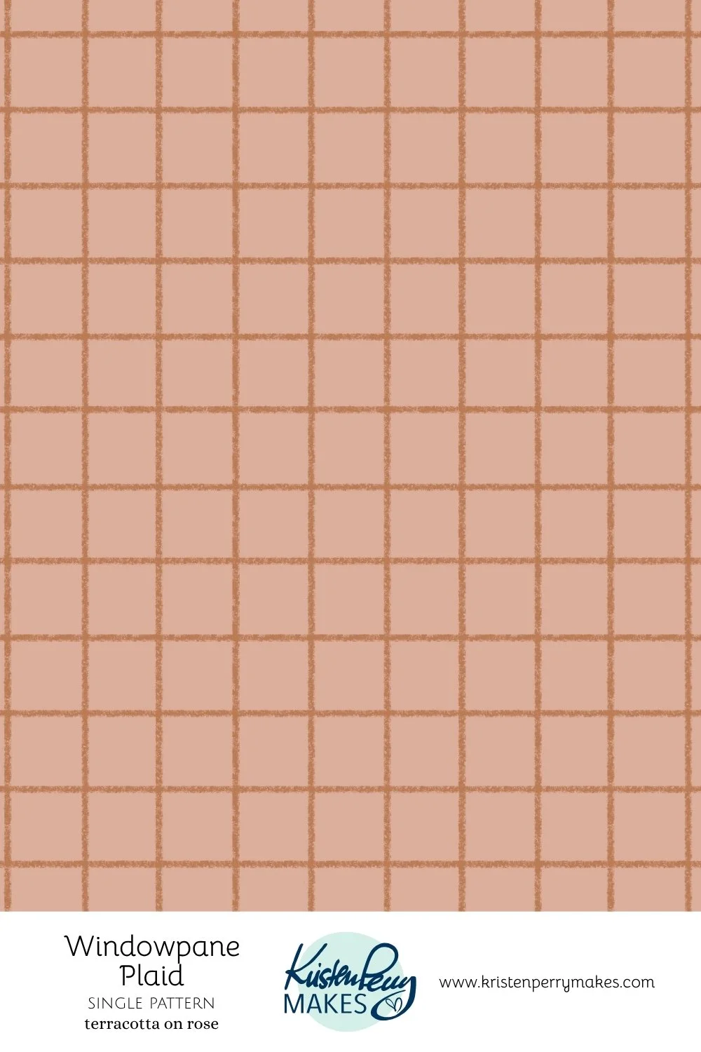 Close-up of a terracotta-colored windowpane plaid pattern on rose-colored fabric, with grid lines forming squares.