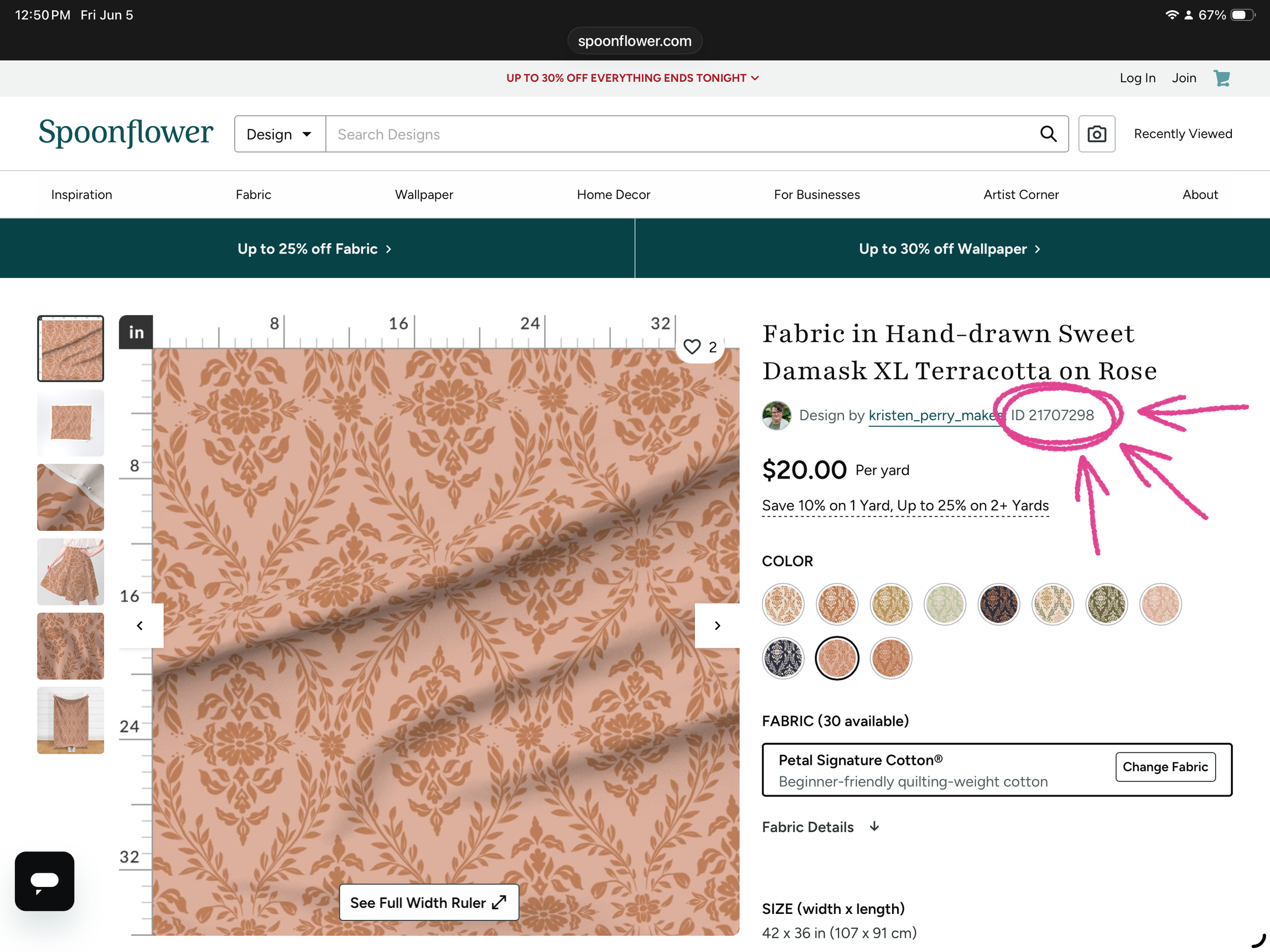 Screenshot of a fabric product page on spoonflower.com. The fabric is a petal signature cotton with a hand-drawn sweet damask design in terracotta orange on a rose background. The page shows the design name, designer, price, and fabric details including color options.