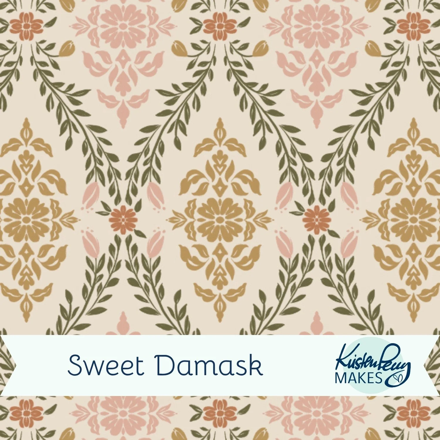 A cover design for a pattern collection titled "Sweet Damask" featuring a hand-drawn floral damask motif in ochre, olive, terracotta, and rose on a sand-colored background.