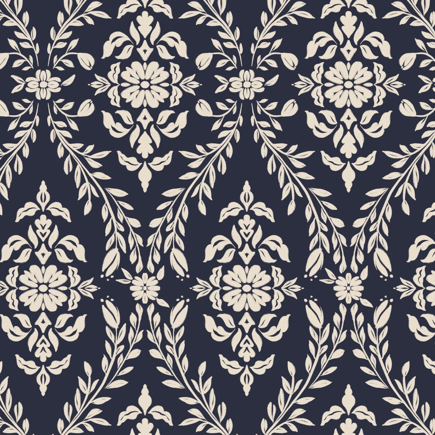 A seamless pattern of off-white floral damask motifs on a dark navy background.