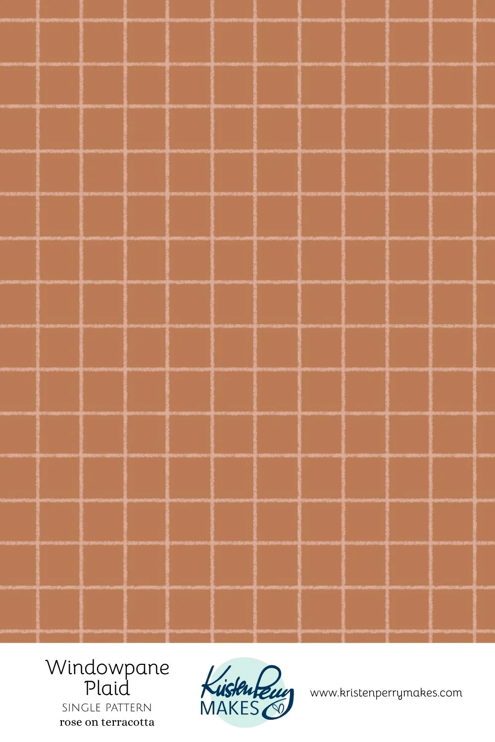 Pattern of pink grid lines on a terracotta-colored background, labeled as 'Windowpane Plaid' by Kristen Perry Makes.