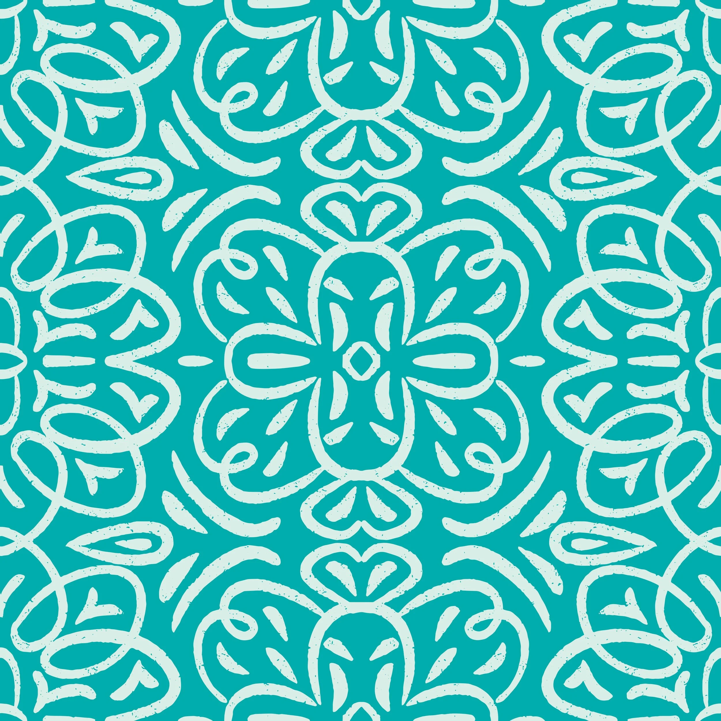 An abstract teal background with white swirling line patterns.