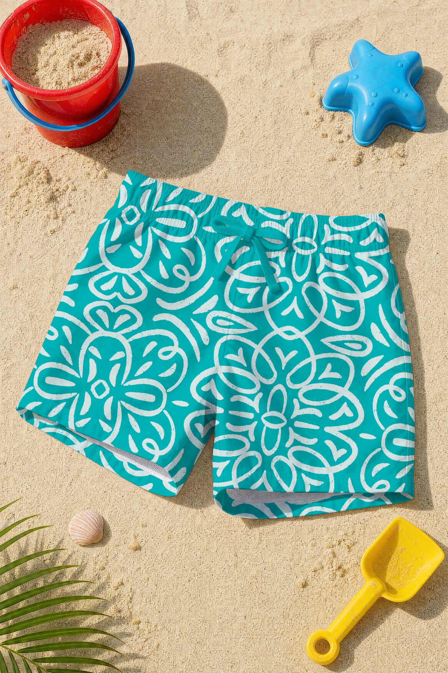Beach scene with a blue and white patterned boys' swim trunks, red bucket filled with sand, blue starfish-shaped sand mold, yellow shovel, seashell, sand, and green palm leaves.