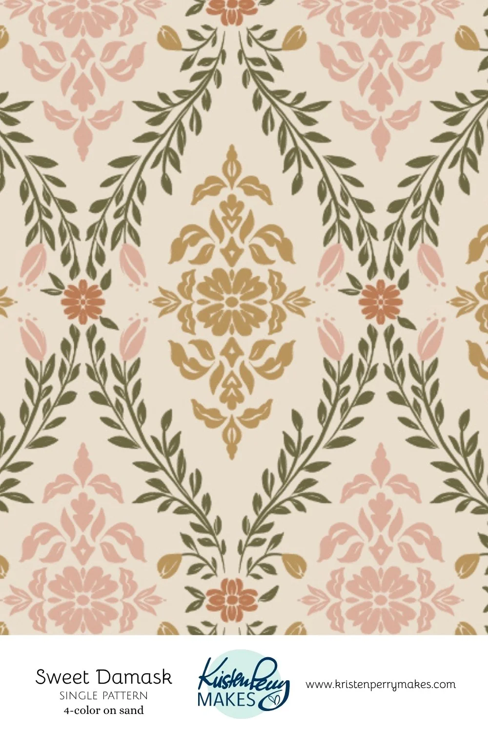 A sample of a repeating pattern called Sweet Damask with a beige background and symmetrical floral motifs in shades of pink, brown, and green.