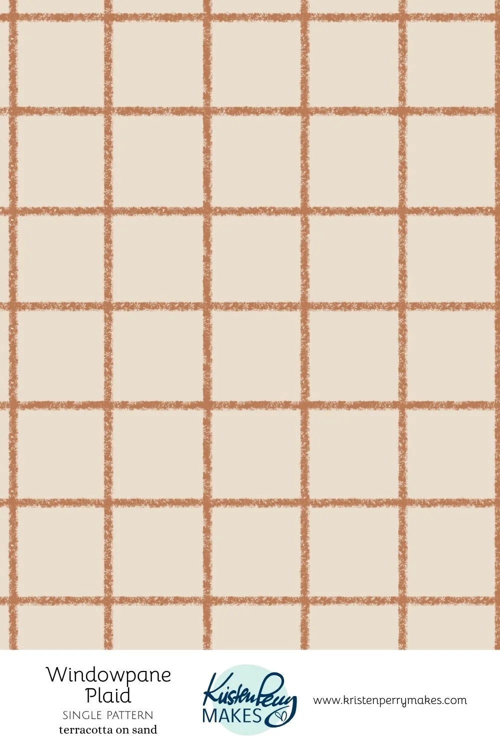 A fabric pattern called Windowpane Plaid with terracotta-colored lines on a sand-colored background.