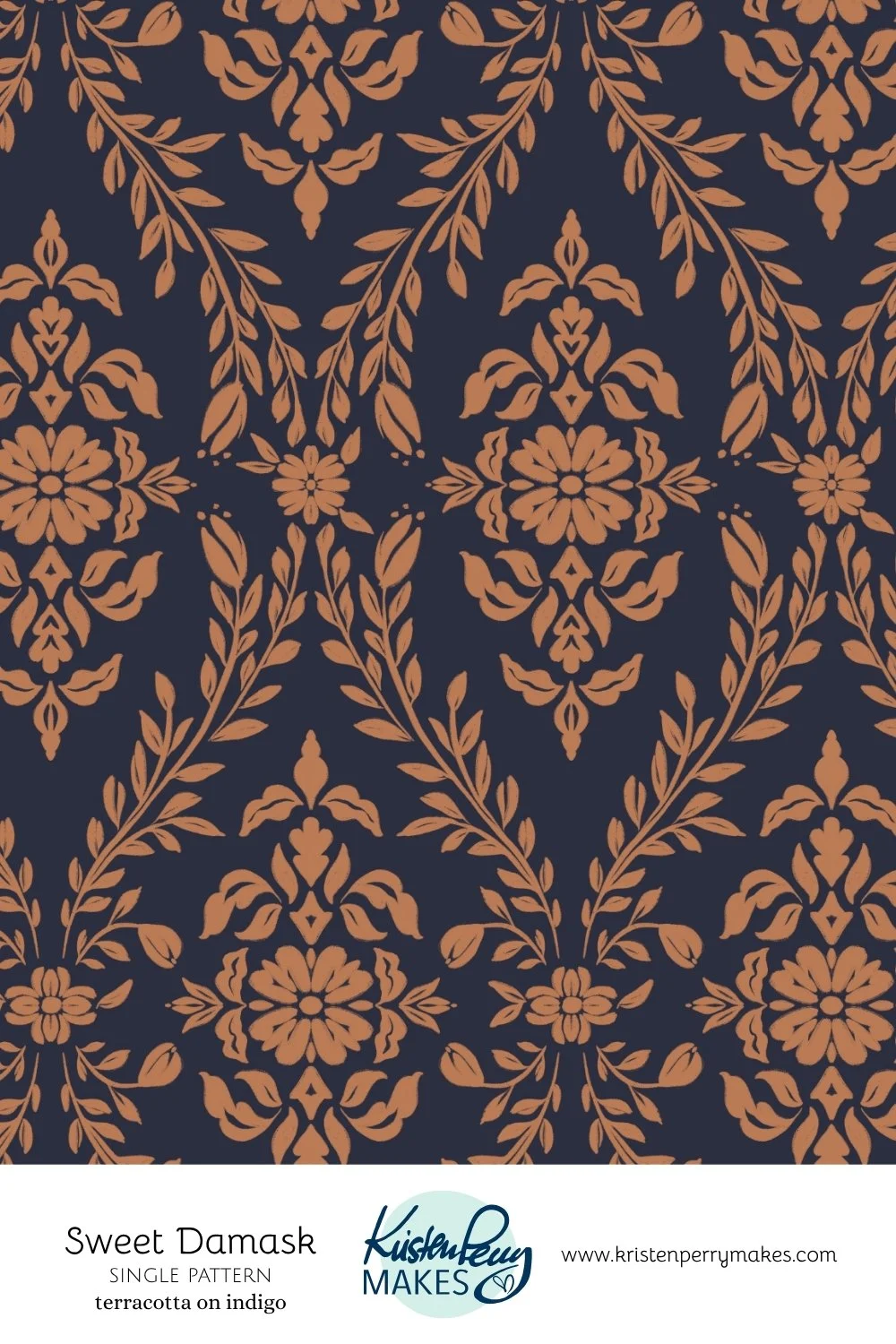 A repeating pattern of terracotta-colored floral and leaf designs on an indigo background, called Sweet Damask.