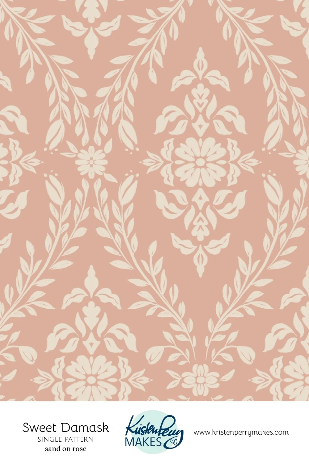 A single pattern of a sand on rose-colored background with a floral and foliage design.