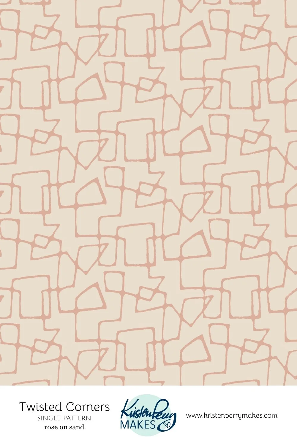 A fabric pattern called Twisted Corners, featuring an abstract geometric design of interconnected irregular squares and triangles in a soft pink color on a beige background.