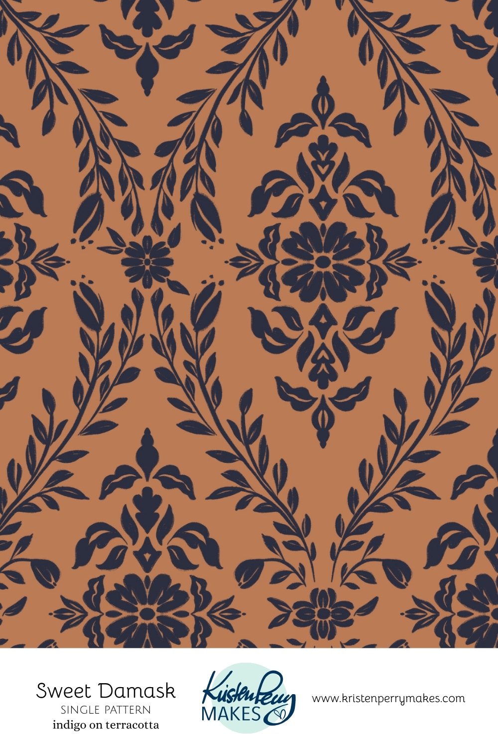 A wallpaper with a terracotta background and dark blue floral and leaf pattern design