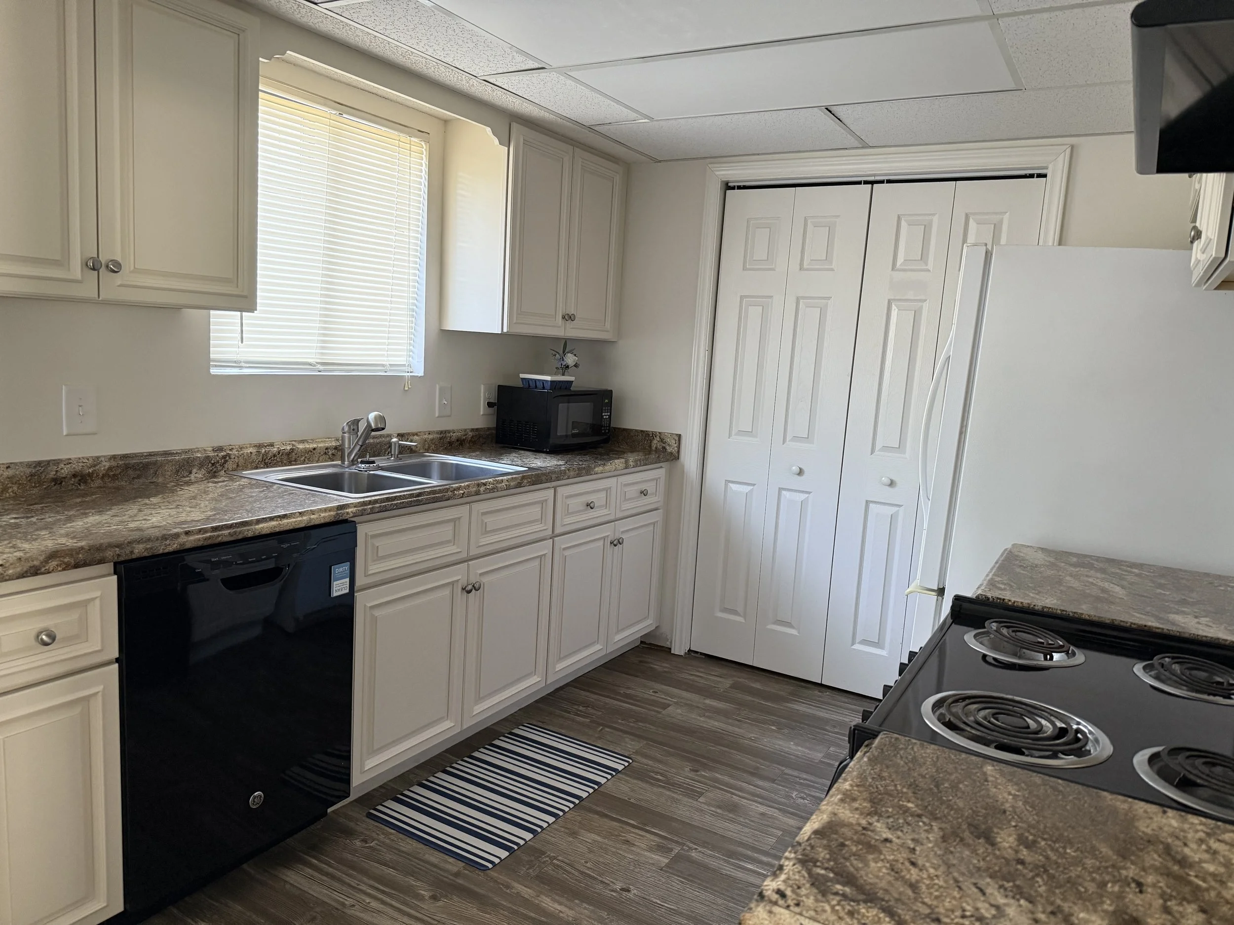 A kitchen with white cabinets, a window with blinds, a black microwave, a double sink, a stove with coil burners, and striped rug on a wood-flooring. There are closet doors and a small plant on a counter.