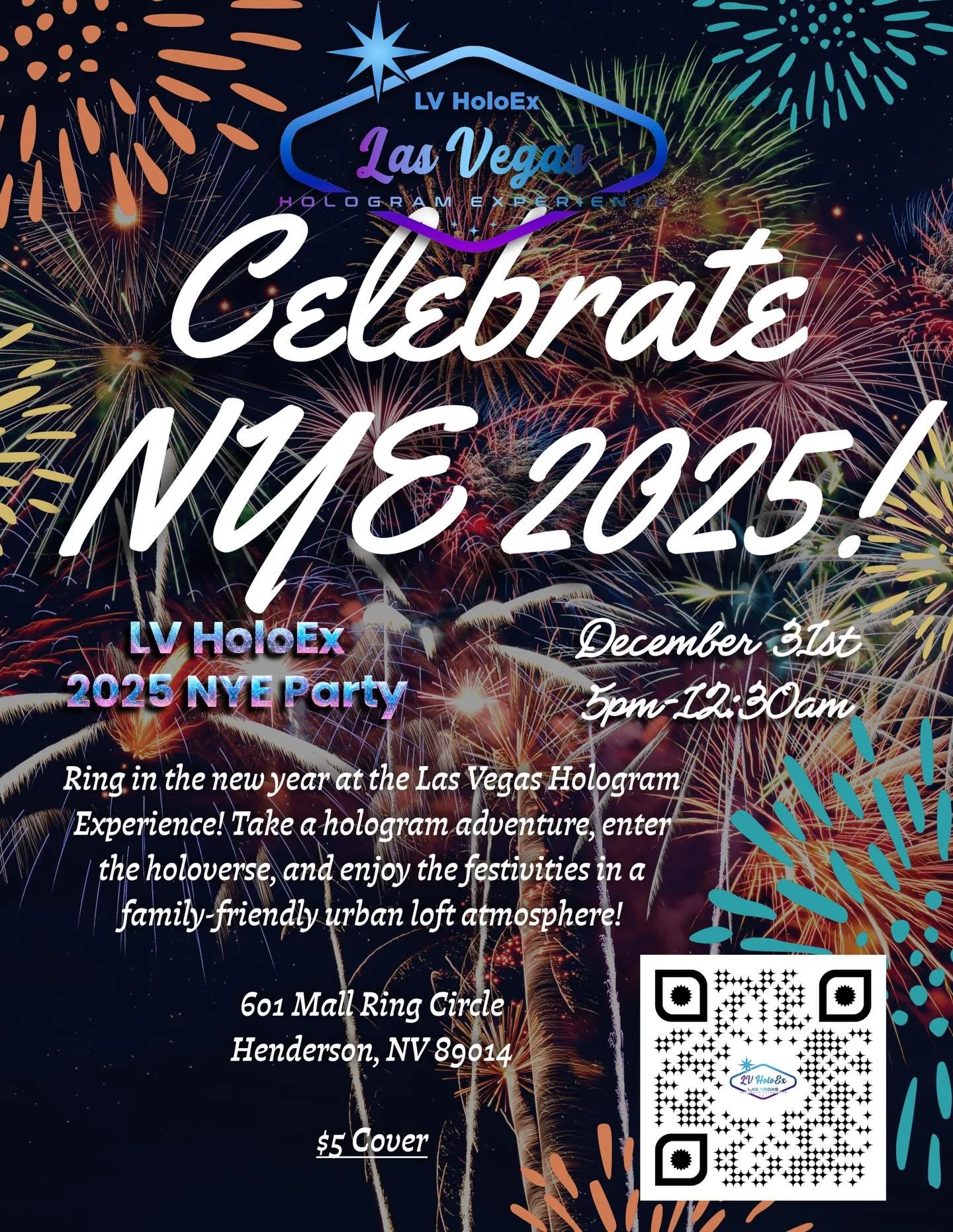🎉 Come party with us on NYE at @lvholoex! 

🎉 3D hologram adventures, explore our holoverse &amp; enjoy the NYE festivities in a family-friendly urban loft style atmosphere! 

🎉 $5 cover + savor the soul food of @eddie_bos_ food truck &amp; enjoy 
