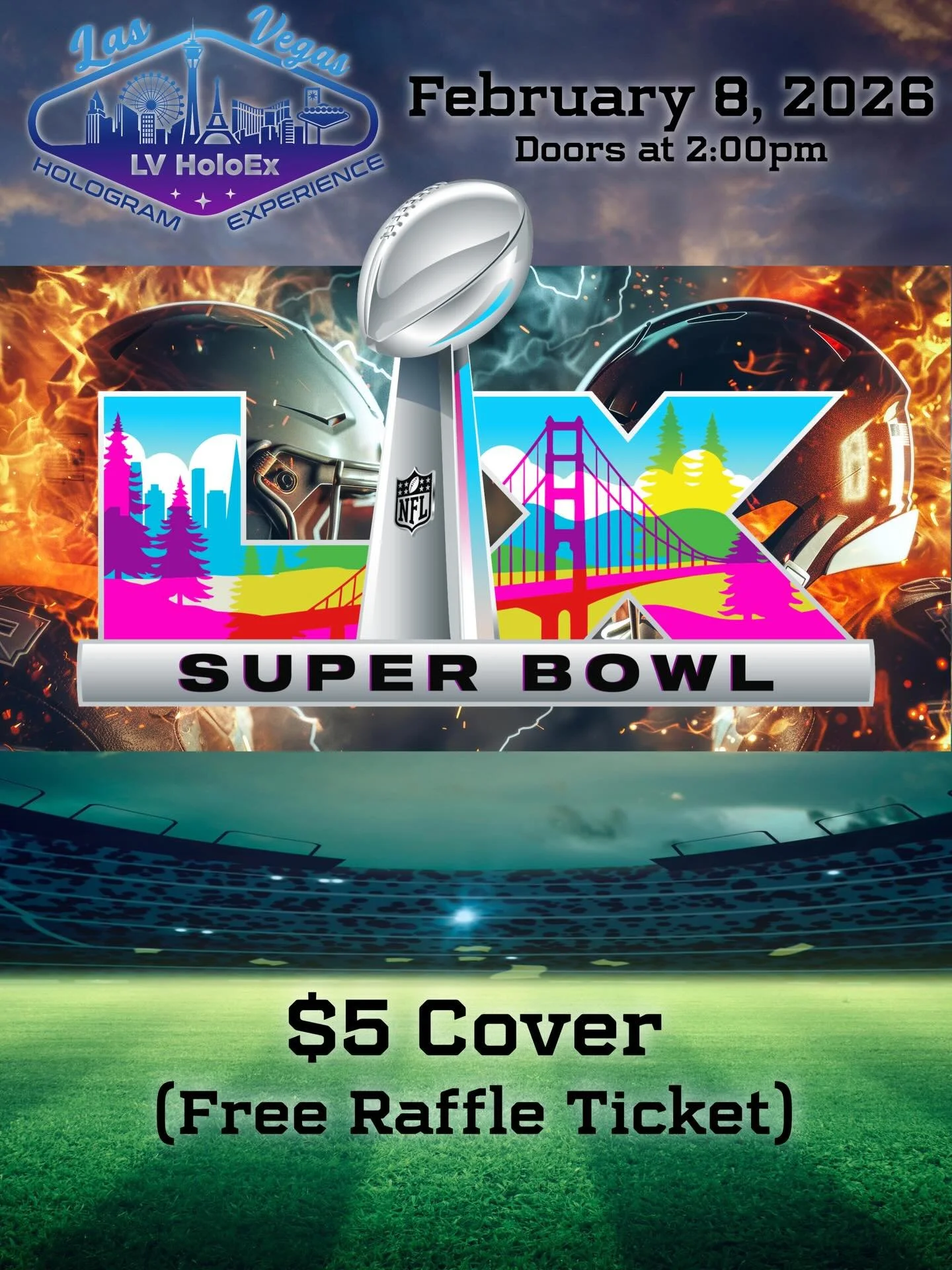 🏈 Come watch Super Bowl 2026 on the big screen with us at @lvholoex 🙌 

🏈 $5 cover + snacks &amp; drinks available on site 

🏈 Check out our &ldquo;HoloHours&rdquo; to make it extra memorable 🌌

🏈 Can&rsquo;t wait! 👏

#superbowl #superbowl2026