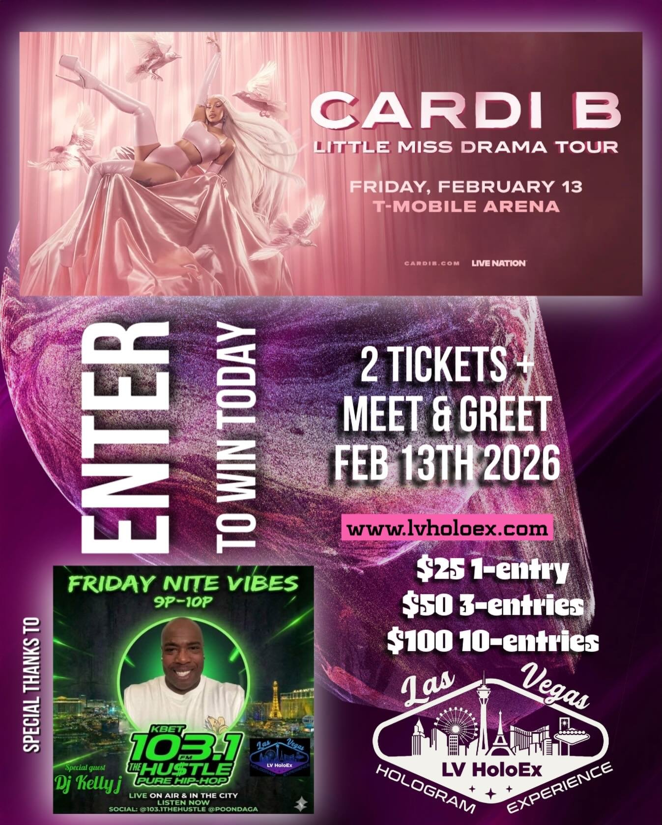 💋Little Miss Drama Tour 

💥Last day to get Cardi B raffle tickets with @lvholoex 🙌

💥Includes MEET &amp; GREET with @iamcardib 

➡️ Purchase tickets on our website: www.lvholoex.com 

➡️ Winner will get an email with the tickets from @103.1thehus