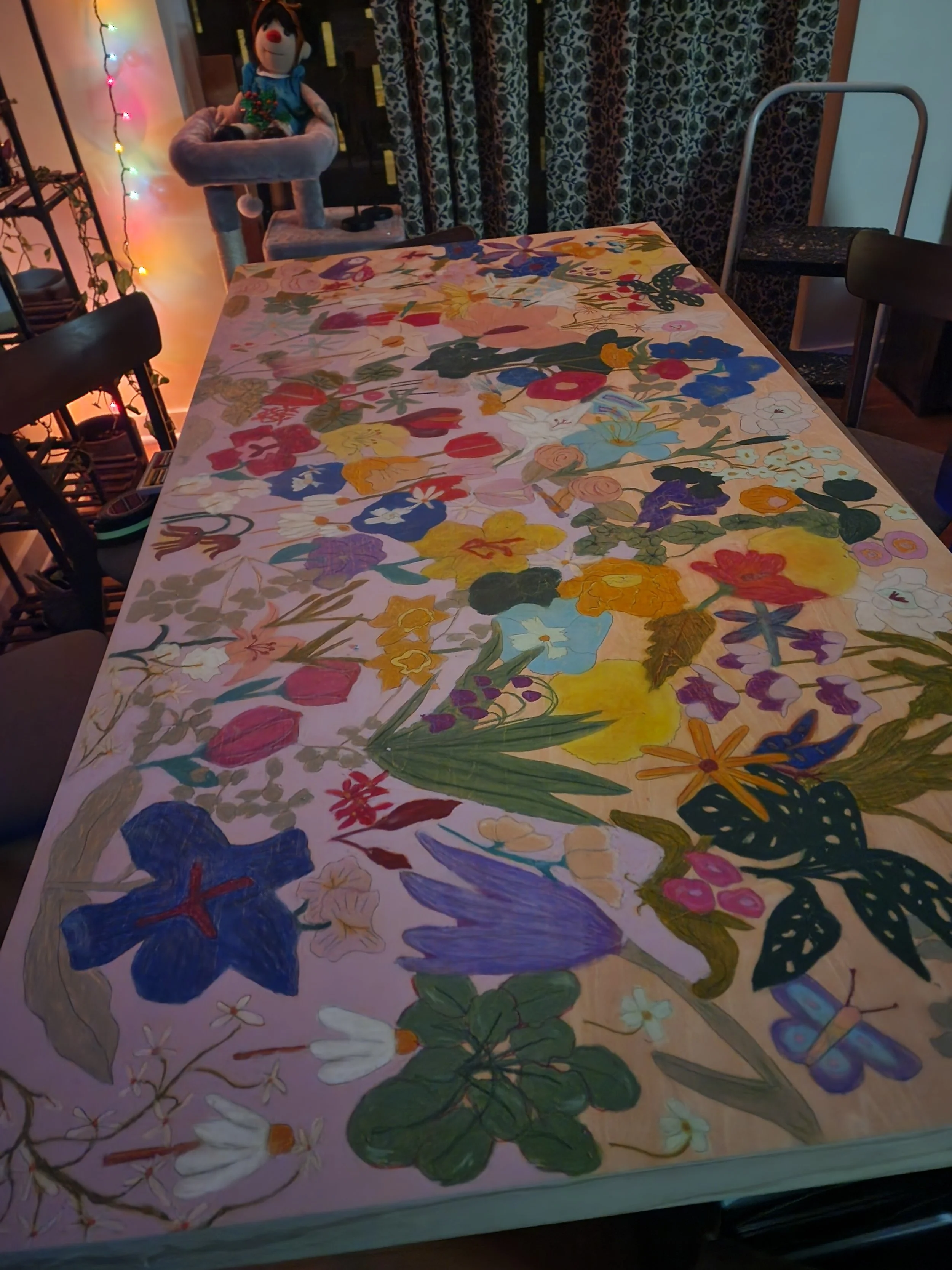 coloring in the background of the florals with a dusty pink