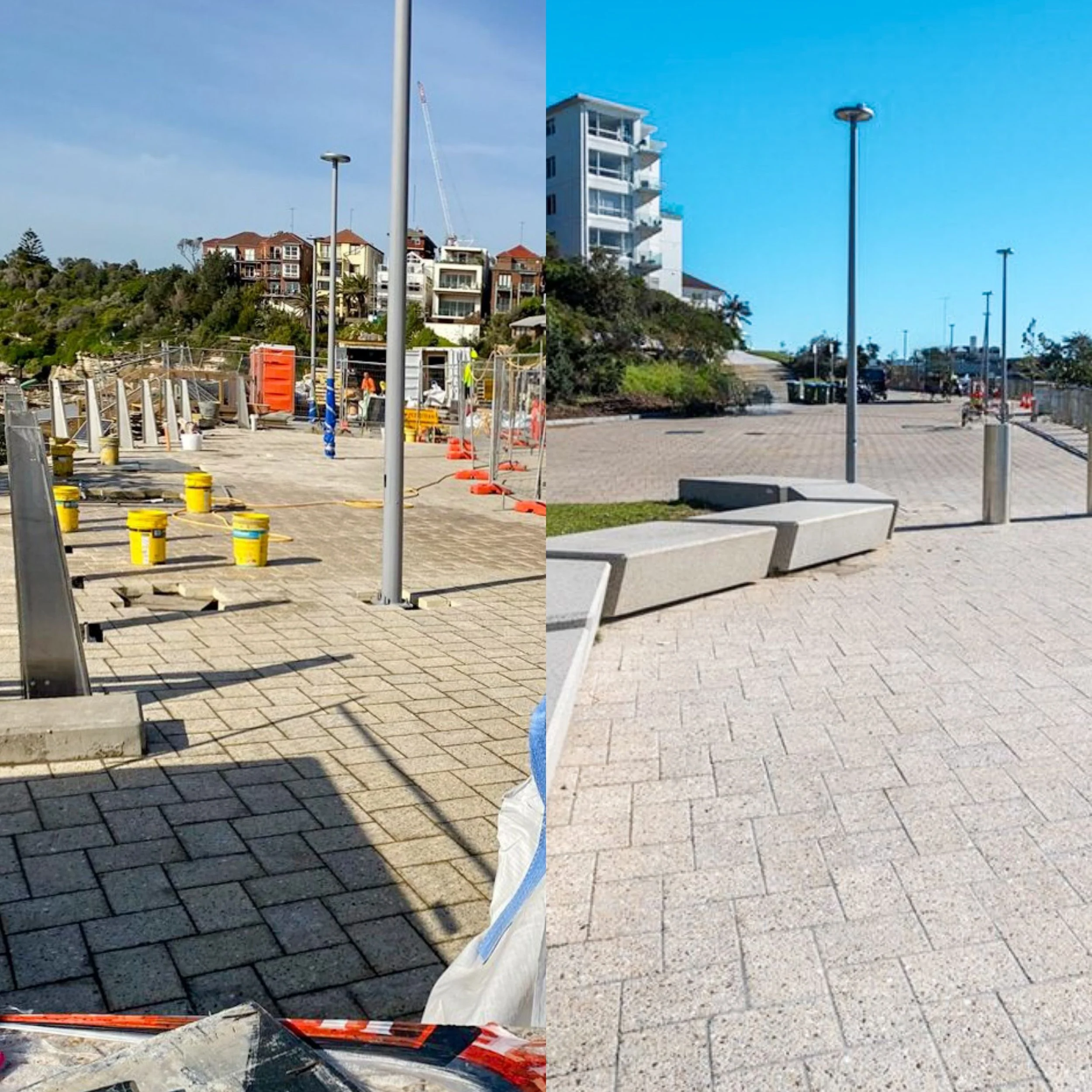 Comparison of a construction site and a completed paved area along a street with buildings and lampposts.