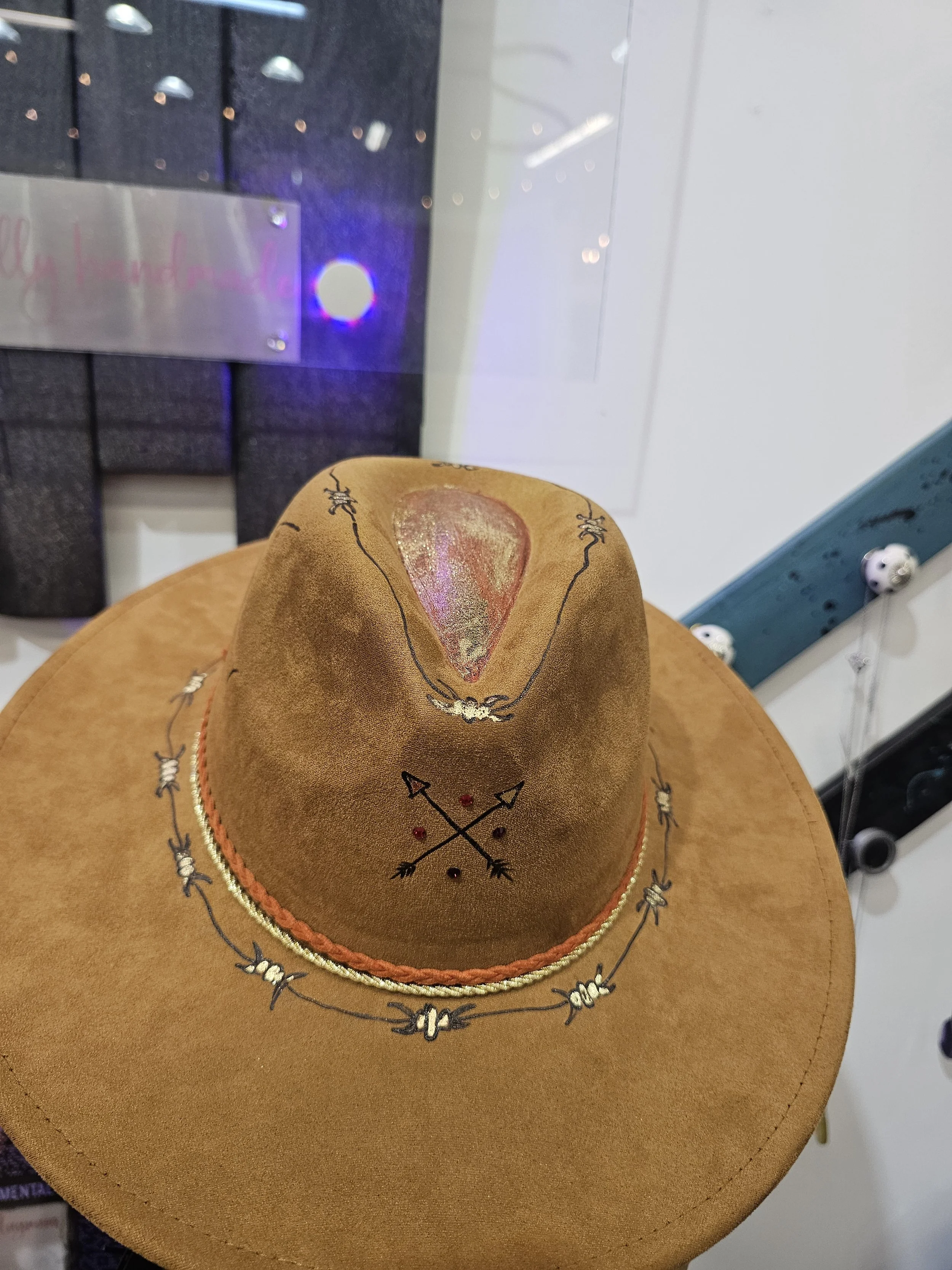 Metallic & Rhinestone Hand Burned Buffalo & Barbwire on Tan Vegan Suede Hat