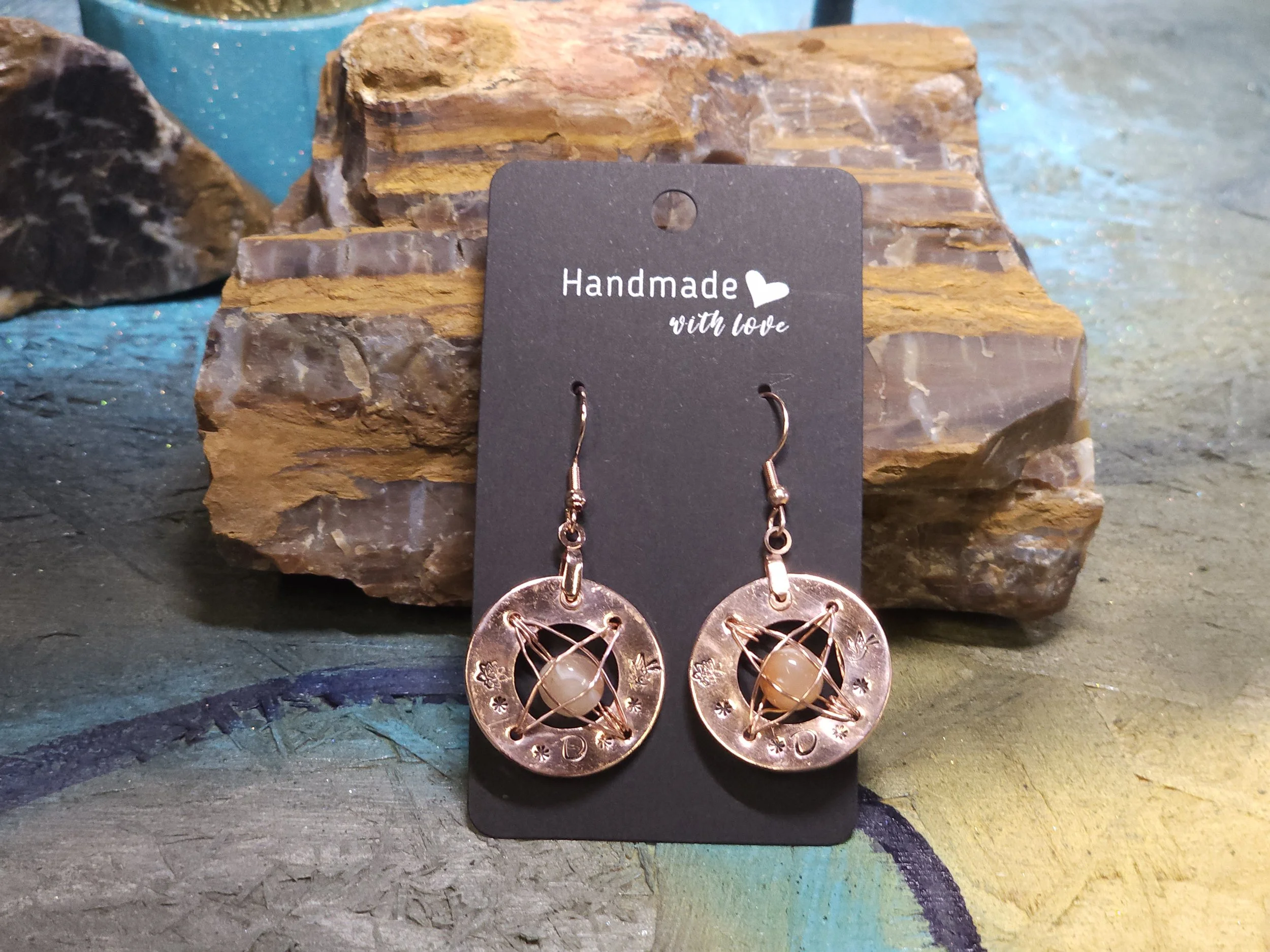 Personalized Hand-Cut Carnelian Agates with Hand-Stamped Rose-Gold Plated Earrings