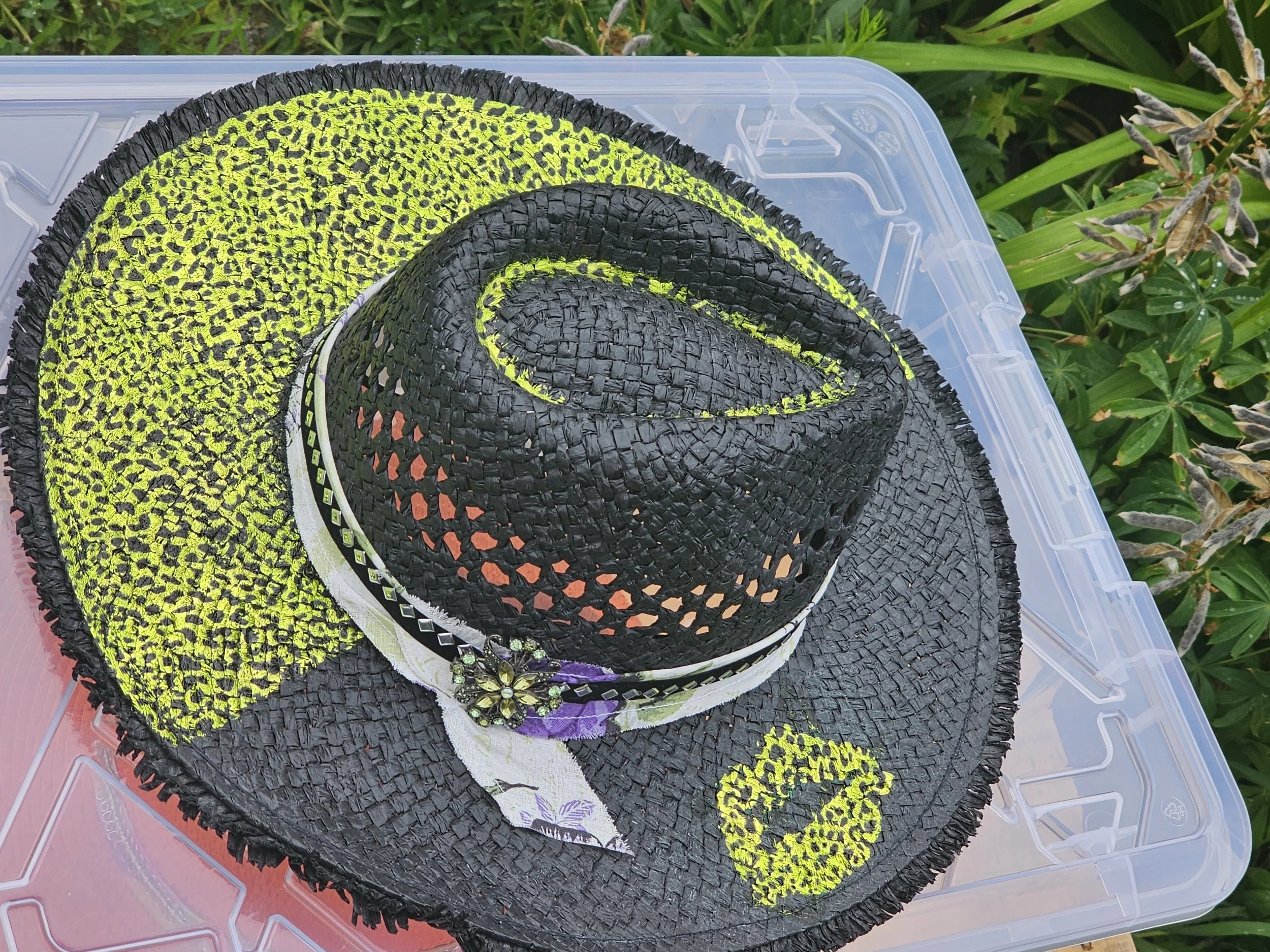 Green Cheetah Print on Black Hand Designed Hat