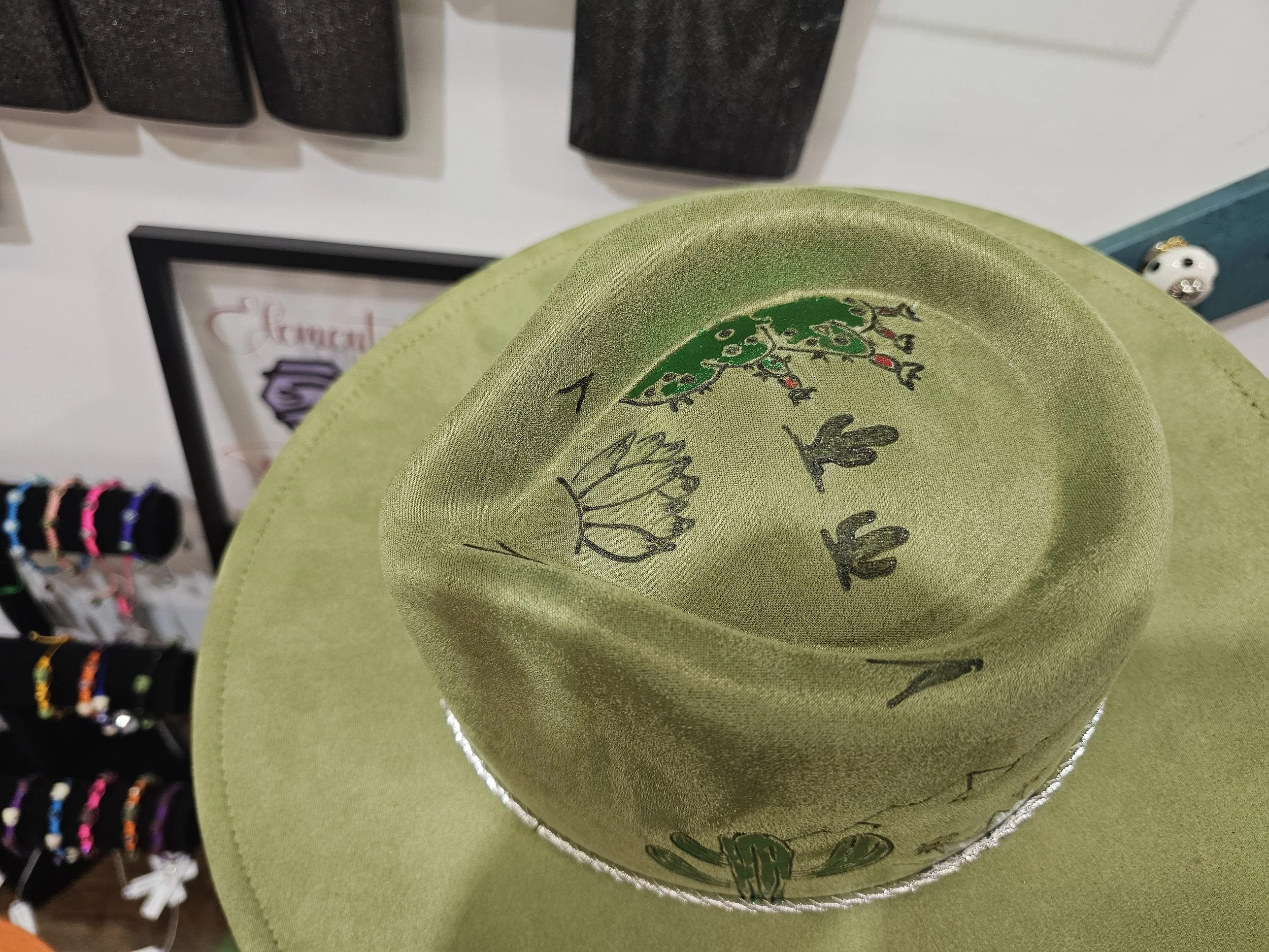 Metallic & Hand Burned Desert Scene on Olive Vegan Suede Hat