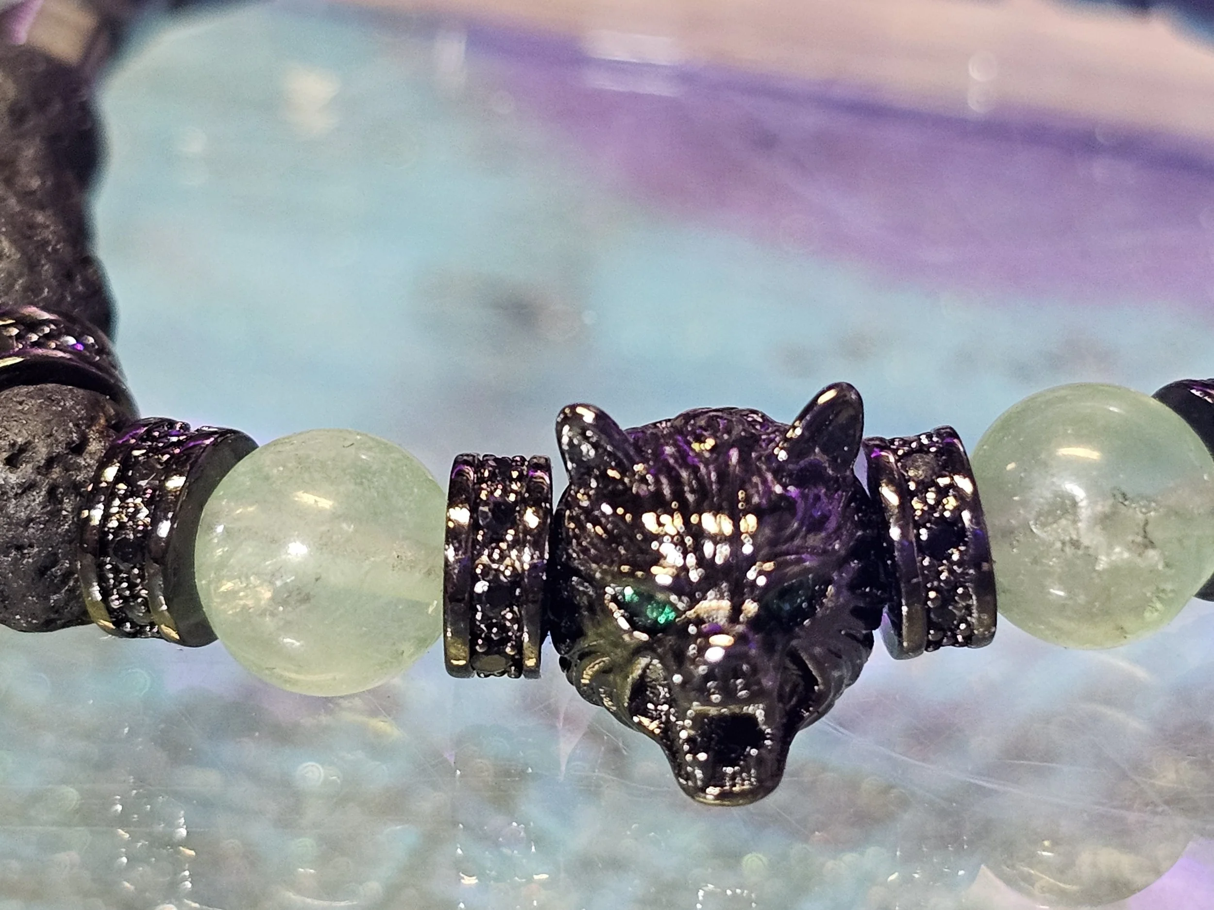 Wolf Head with Jade, Lava and Hematite Bracelets