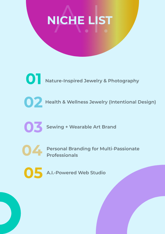 Vibrant colored list of 5 niches.  The page contains random scattered circles in vivid colors.