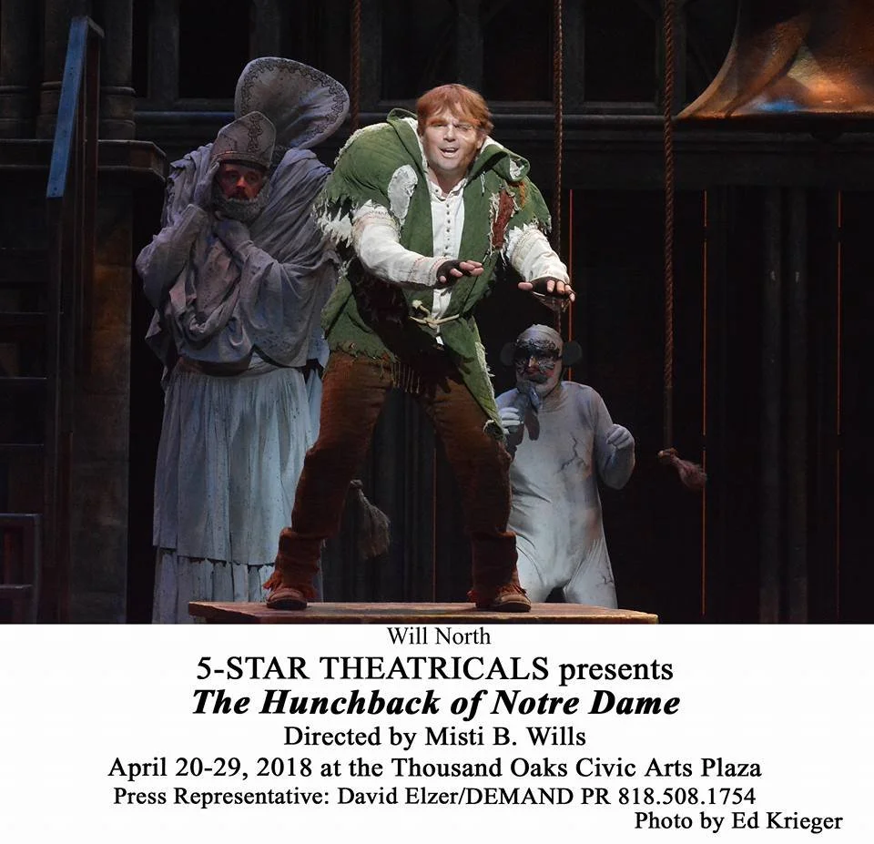 A theatrical stage scene for 'The Hunchback of Notre Dame' showing three actors in costumes, with one portraying Quasimodo in the center, flanked by two other characters.