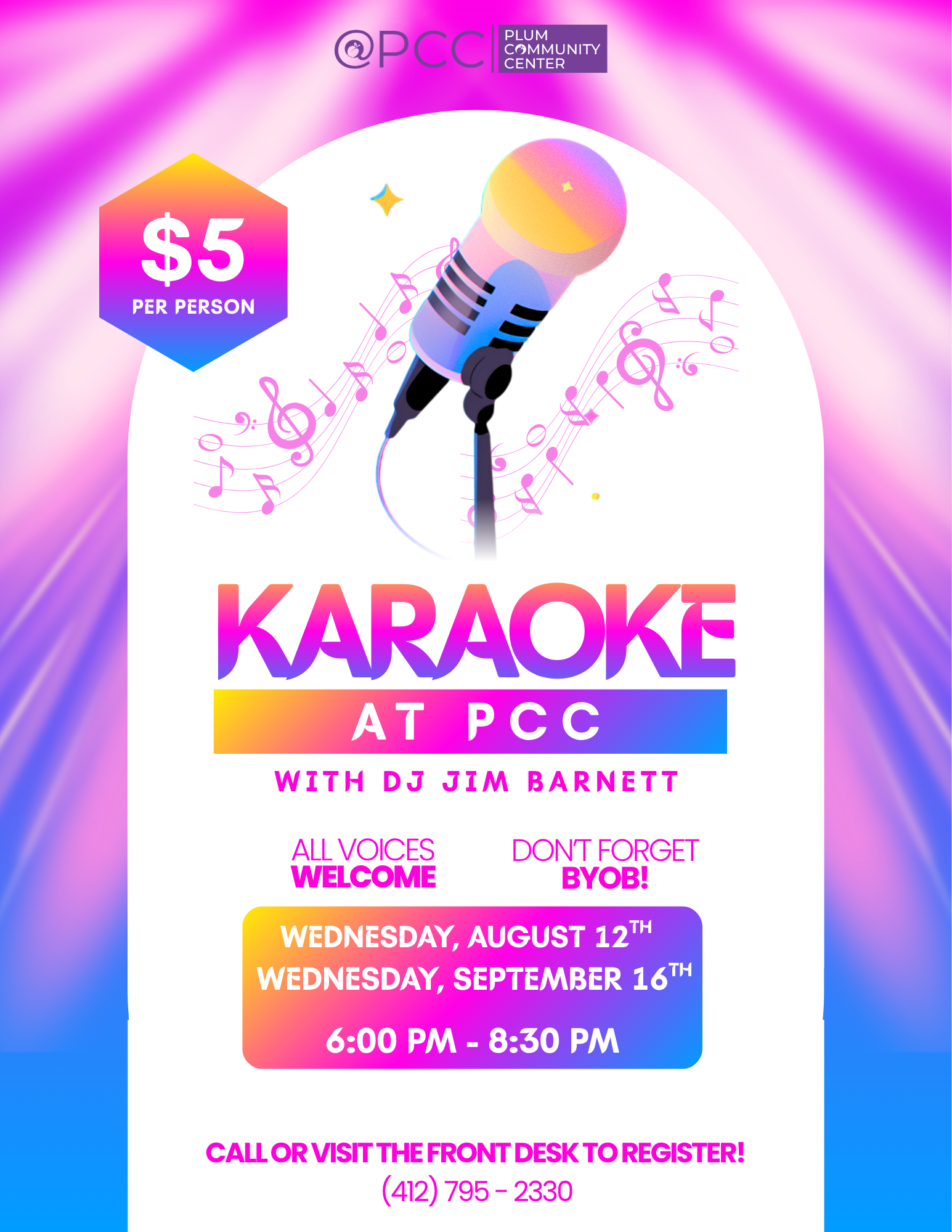 Flyer for Summer Karaoke event presented by Plum Community Center, featuring DJ Jim Barnett. The event is on September 16 at 6:00 PM at 499 Center New Texas Road, Plum, PA 15239. Tickets cost $5 per person. The flyer includes details about a fun-filled evening of karaoke, music, socializing, bringing snacks and drinks, and registration information.